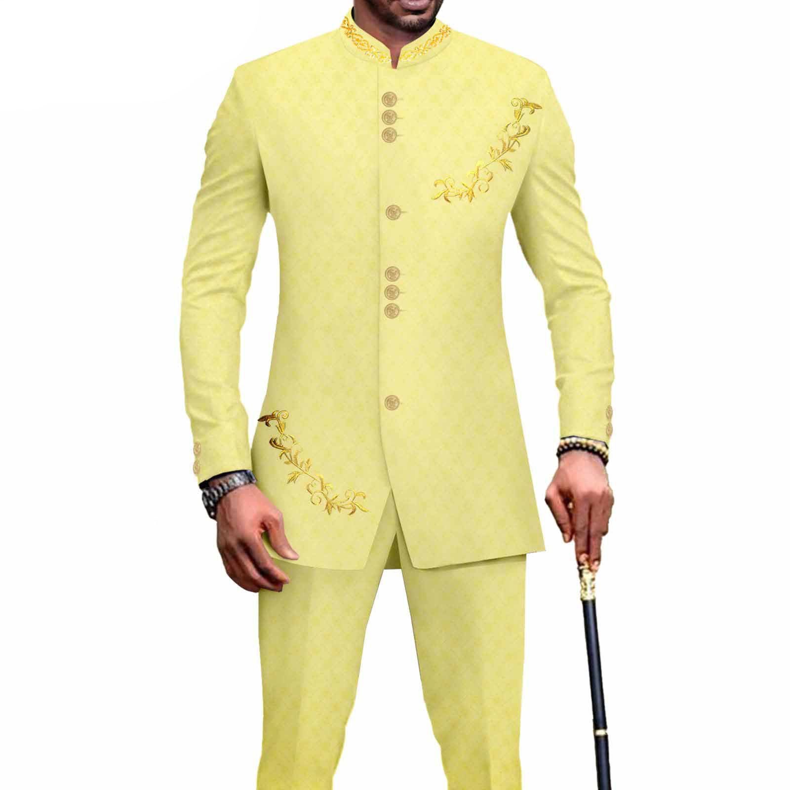 Privat Custom Men`s Bussiness Suit Slim Fit Embroidery Single Breasted Print Blazer and Pants Outfits African Clothes