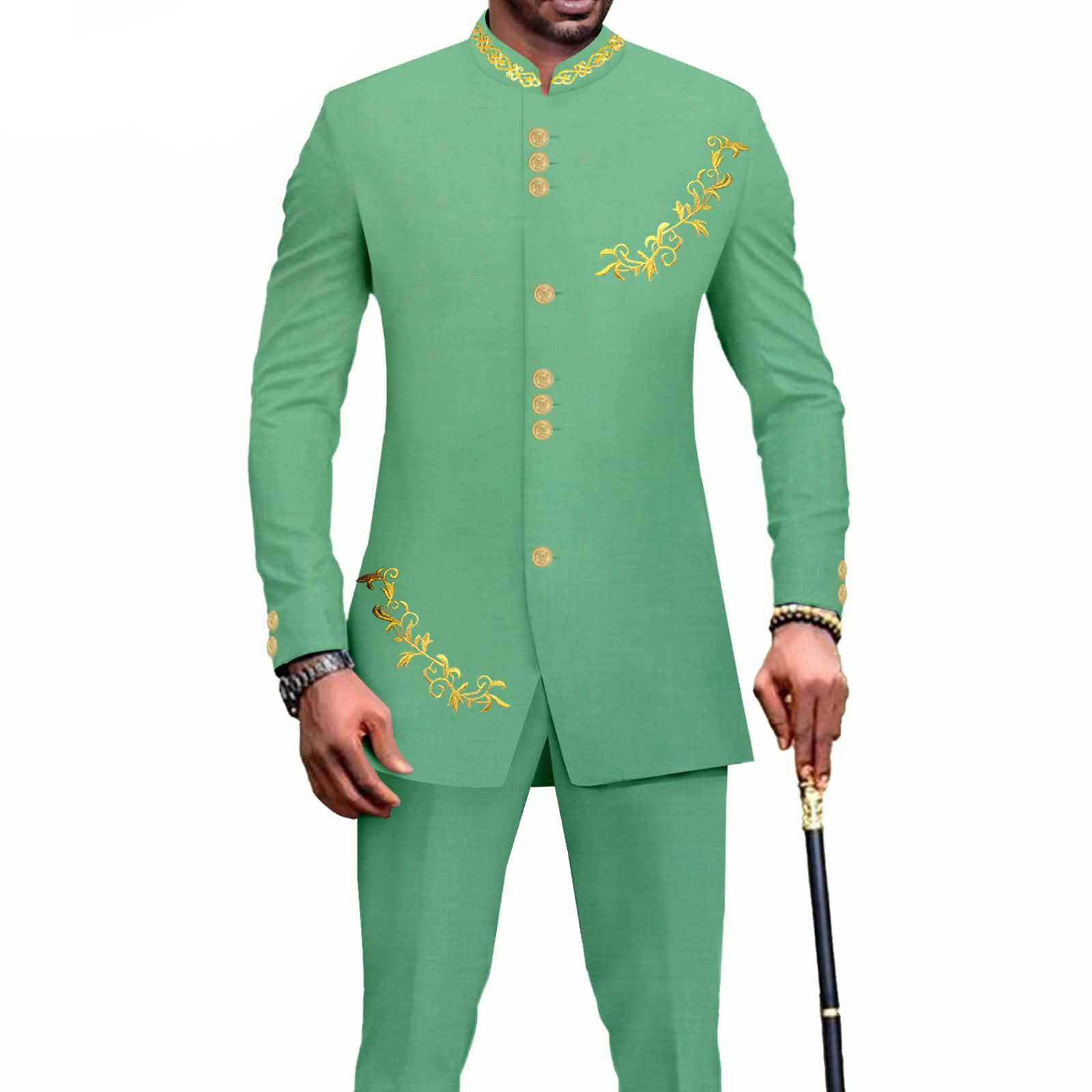 Privat Custom Men`s Bussiness Suit Slim Fit Embroidery Single Breasted Print Blazer and Pants Outfits African Clothes