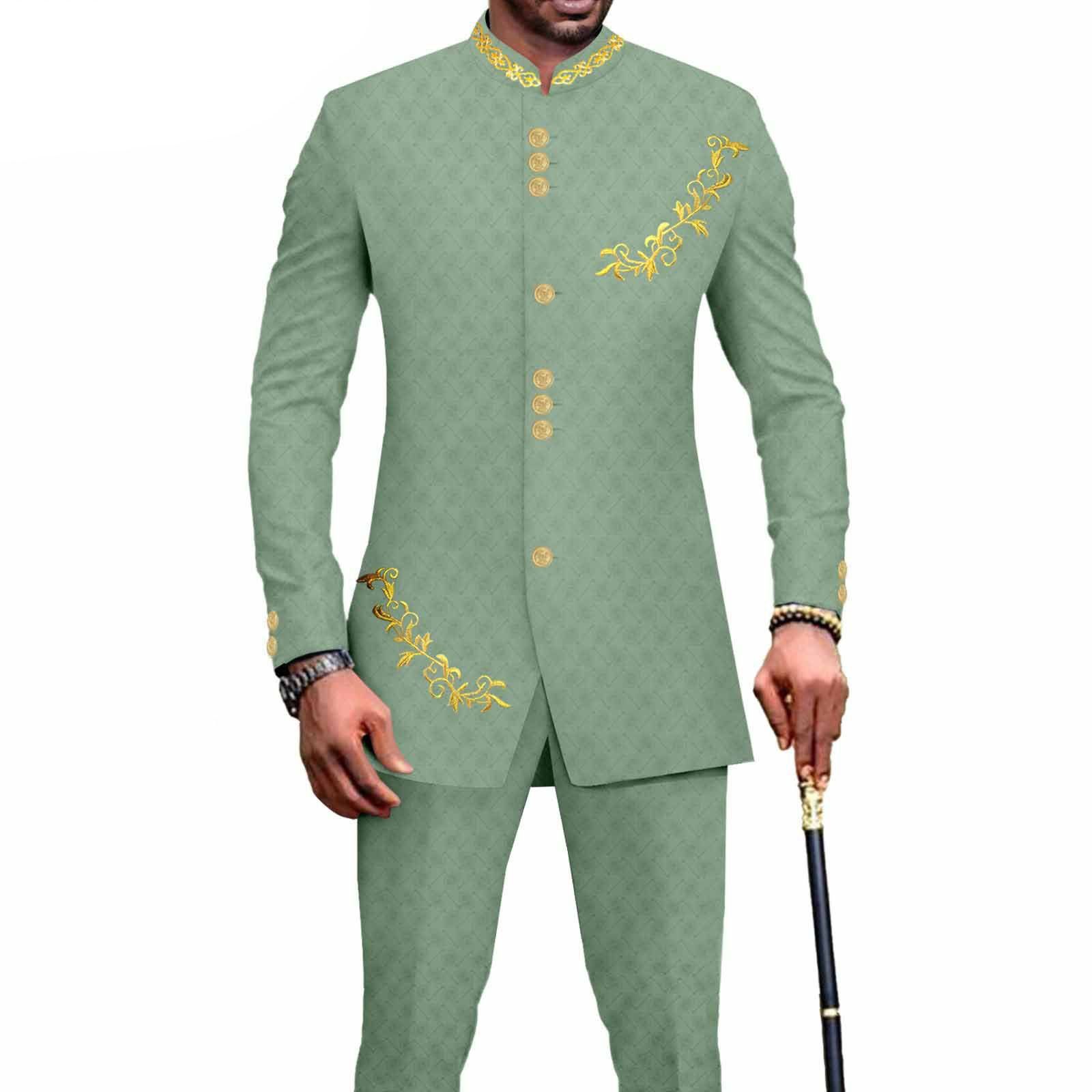 Privat Custom Men`s Bussiness Suit Slim Fit Embroidery Single Breasted Print Blazer and Pants Outfits African Clothes
