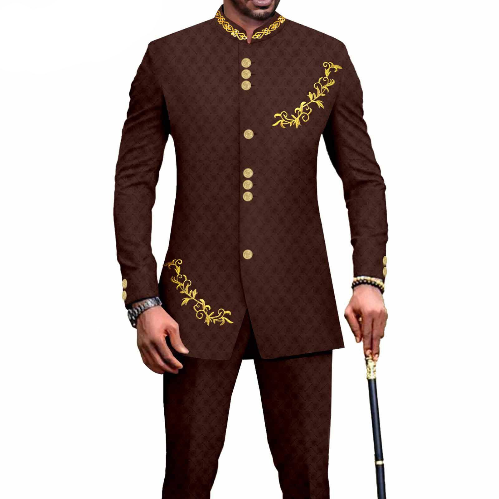 Privat Custom Men`s Bussiness Suit Slim Fit Embroidery Single Breasted Print Blazer and Pants Outfits African Clothes