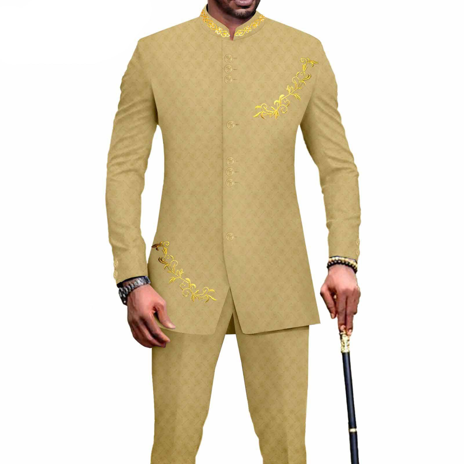 Privat Custom Men`s Bussiness Suit Slim Fit Embroidery Single Breasted Print Blazer and Pants Outfits African Clothes