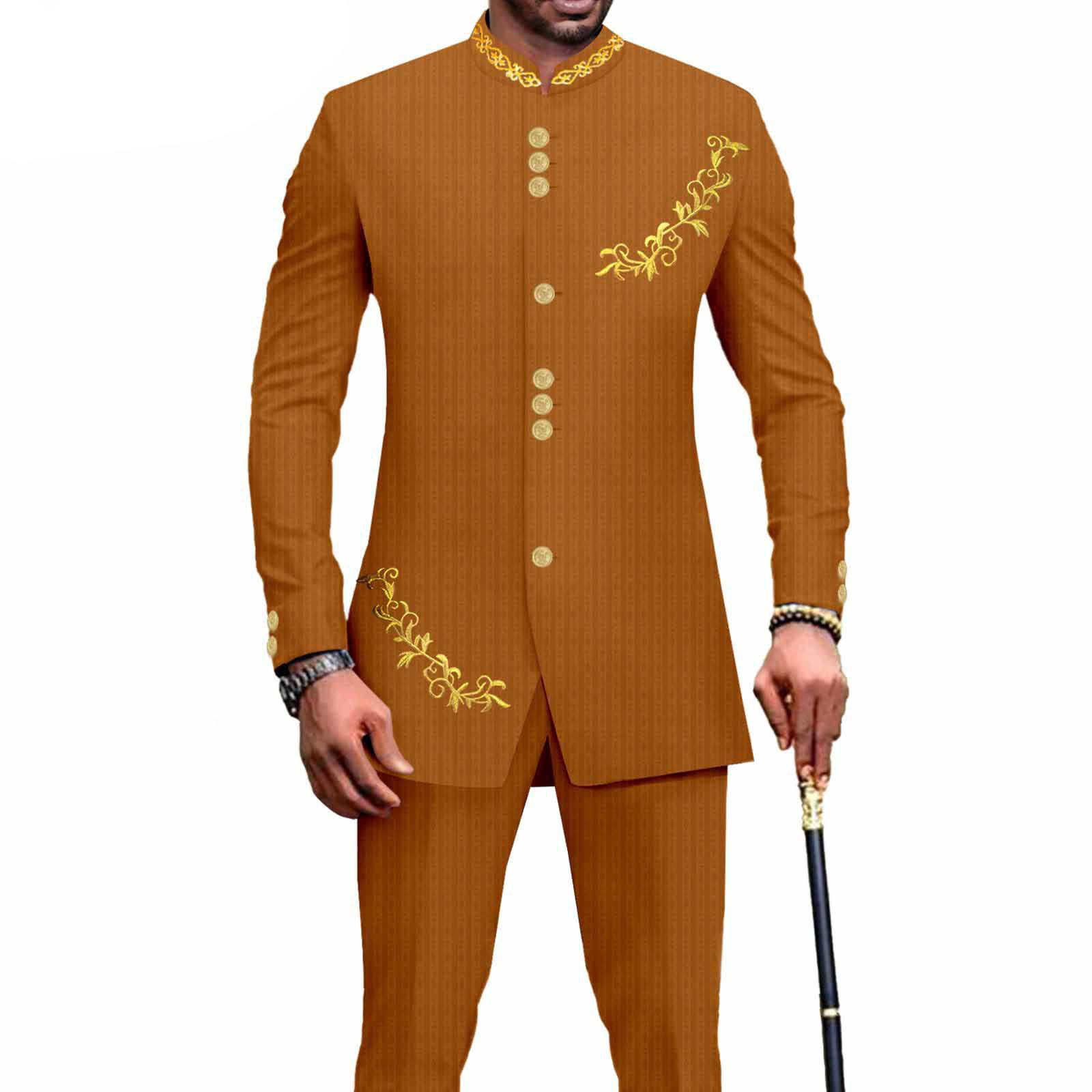 Privat Custom Men`s Bussiness Suit Slim Fit Embroidery Single Breasted Print Blazer and Pants Outfits African Clothes