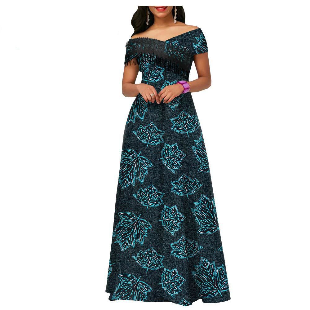 Private Custom Plus Size African Dresses for Women Tassel Short Sleeve Off Shoulder Maxi Dress High Waist Ankara Print Party Attire