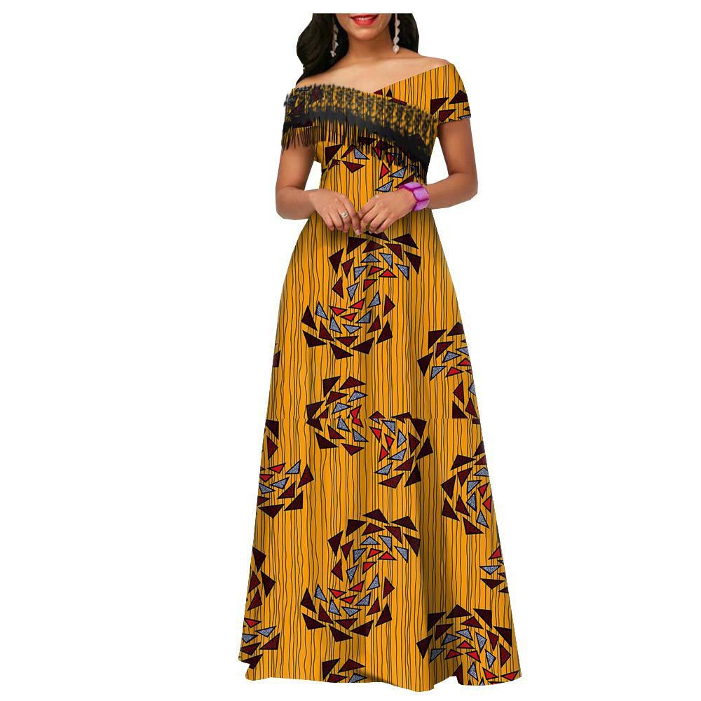 Private Custom Plus Size African Dresses for Women Tassel Short Sleeve Off Shoulder Maxi Dress High Waist Ankara Print Party Attire