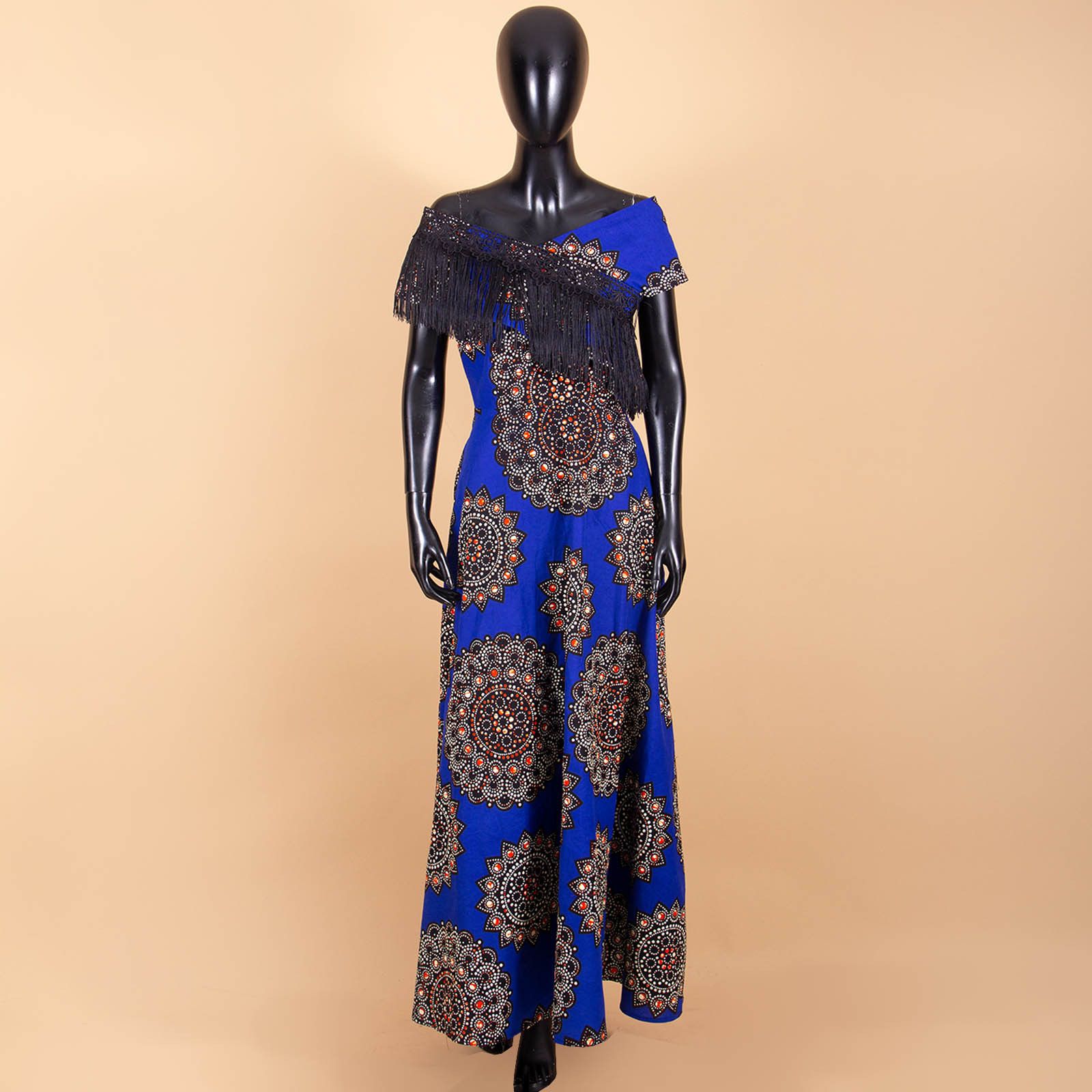 Private Custom Plus Size African Dresses for Women Tassel Short Sleeve Off Shoulder Maxi Dress High Waist Ankara Print Party Attire