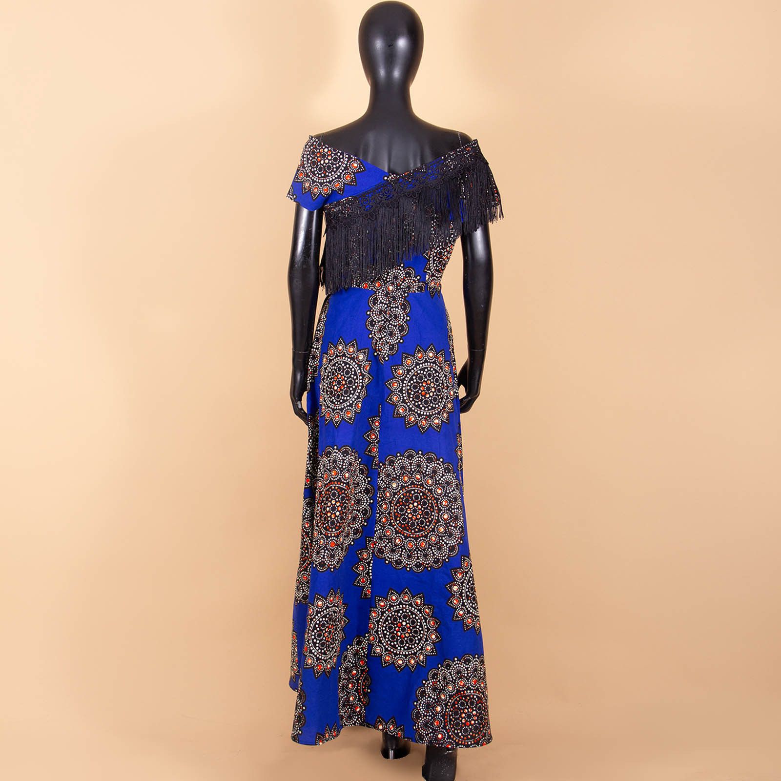 Private Custom Plus Size African Dresses for Women Tassel Short Sleeve Off Shoulder Maxi Dress High Waist Ankara Print Party Attire