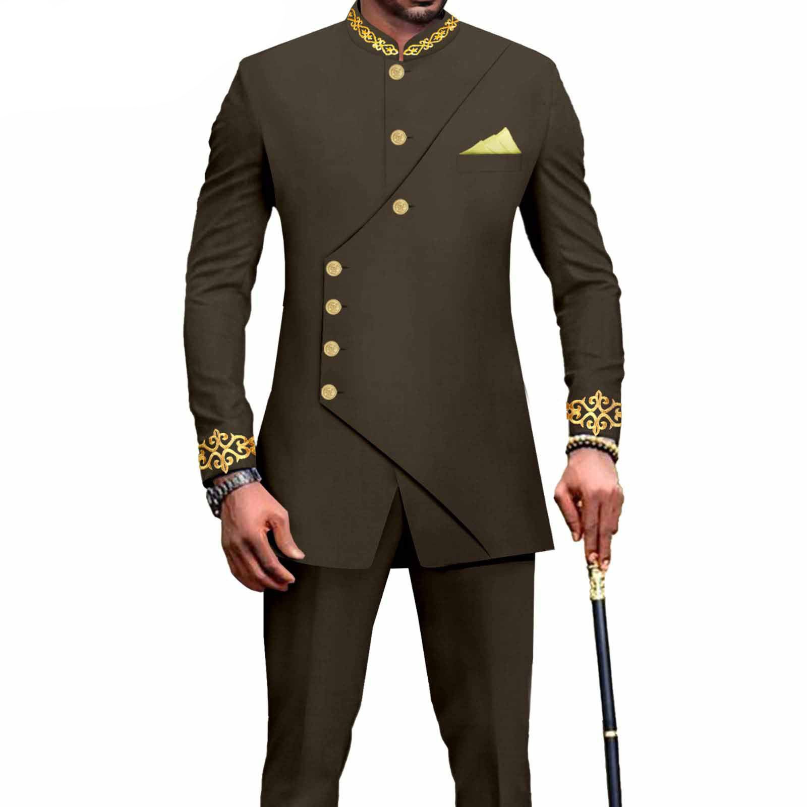 PRIVATE CUSTOM Men`s Business Suit African Clothes Embroidery Full Sleeve Double Breasted Print Blazer and Pants Set