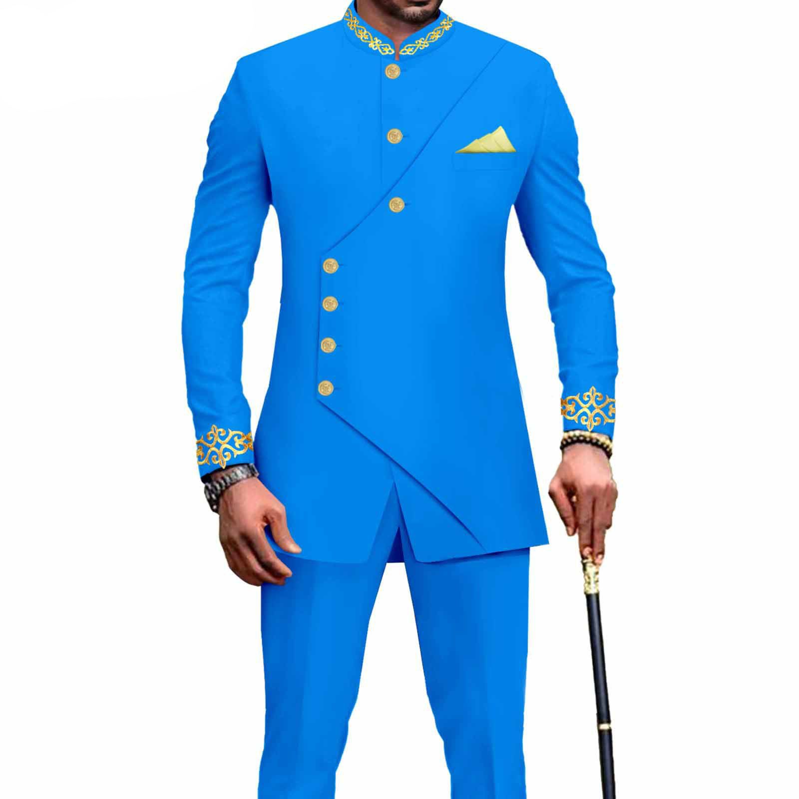 PRIVATE CUSTOM Men`s Business Suit African Clothes Embroidery Full Sleeve Double Breasted Print Blazer and Pants Set