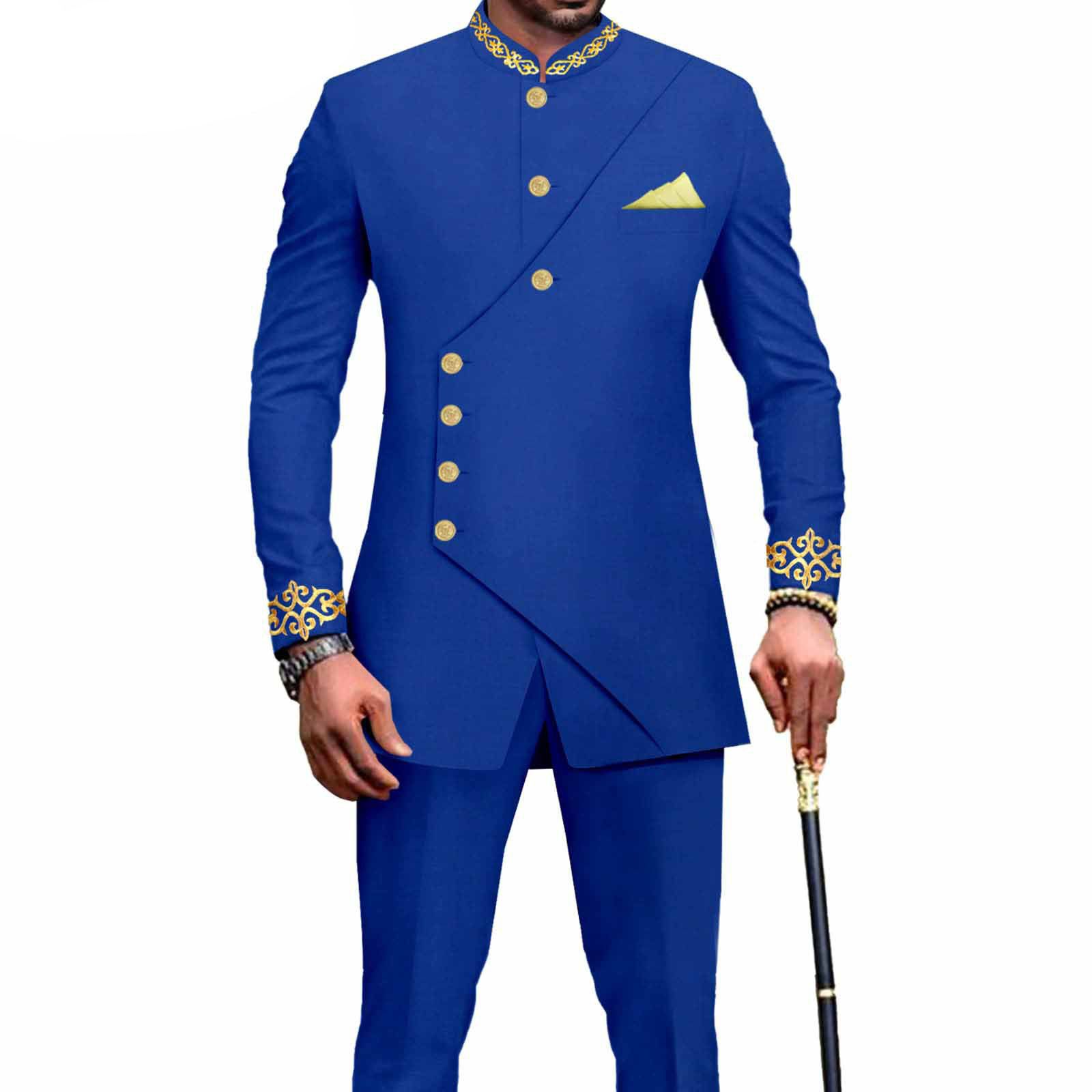 PRIVATE CUSTOM Men`s Business Suit African Clothes Embroidery Full Sleeve Double Breasted Print Blazer and Pants Set