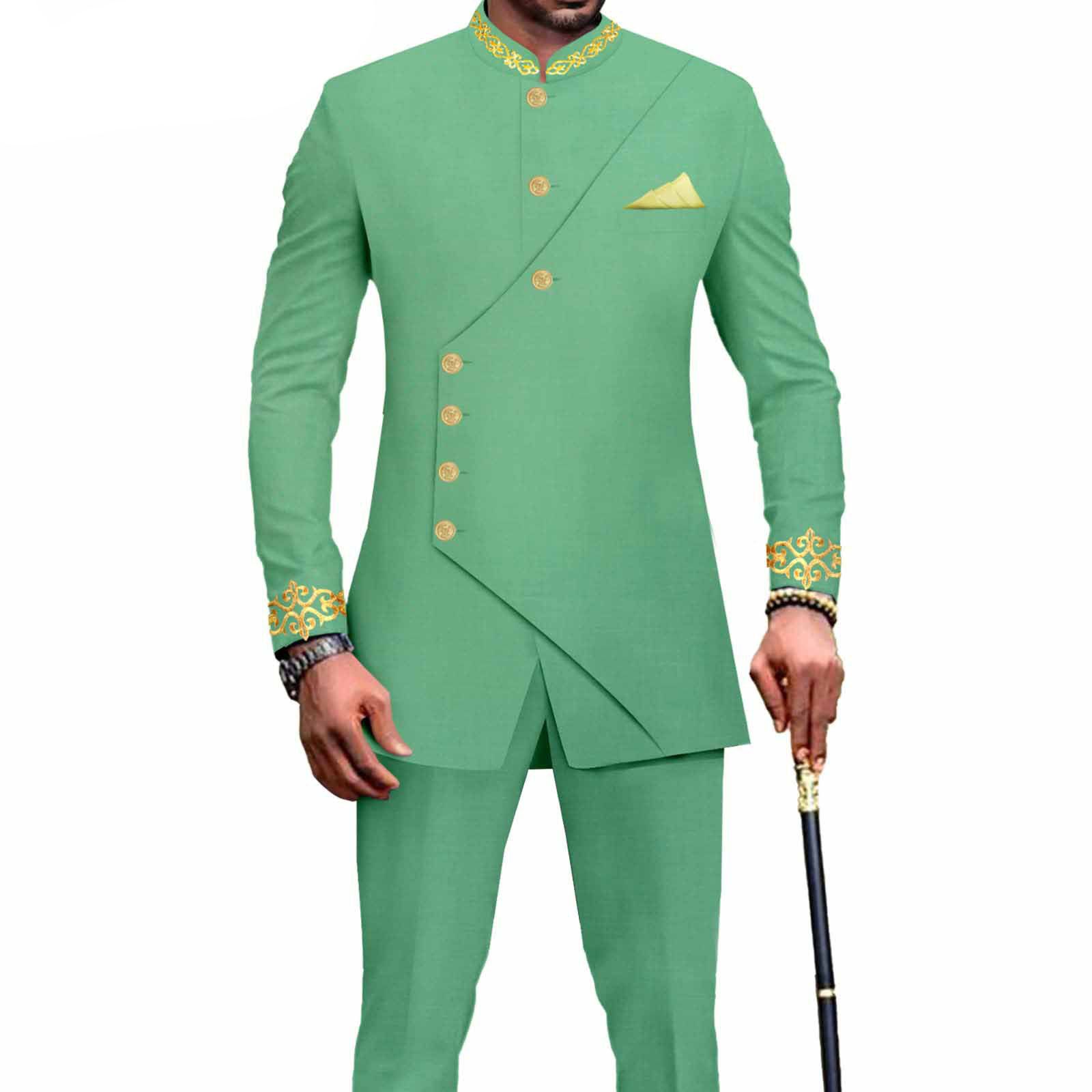 PRIVATE CUSTOM Men`s Business Suit African Clothes Embroidery Full Sleeve Double Breasted Print Blazer and Pants Set