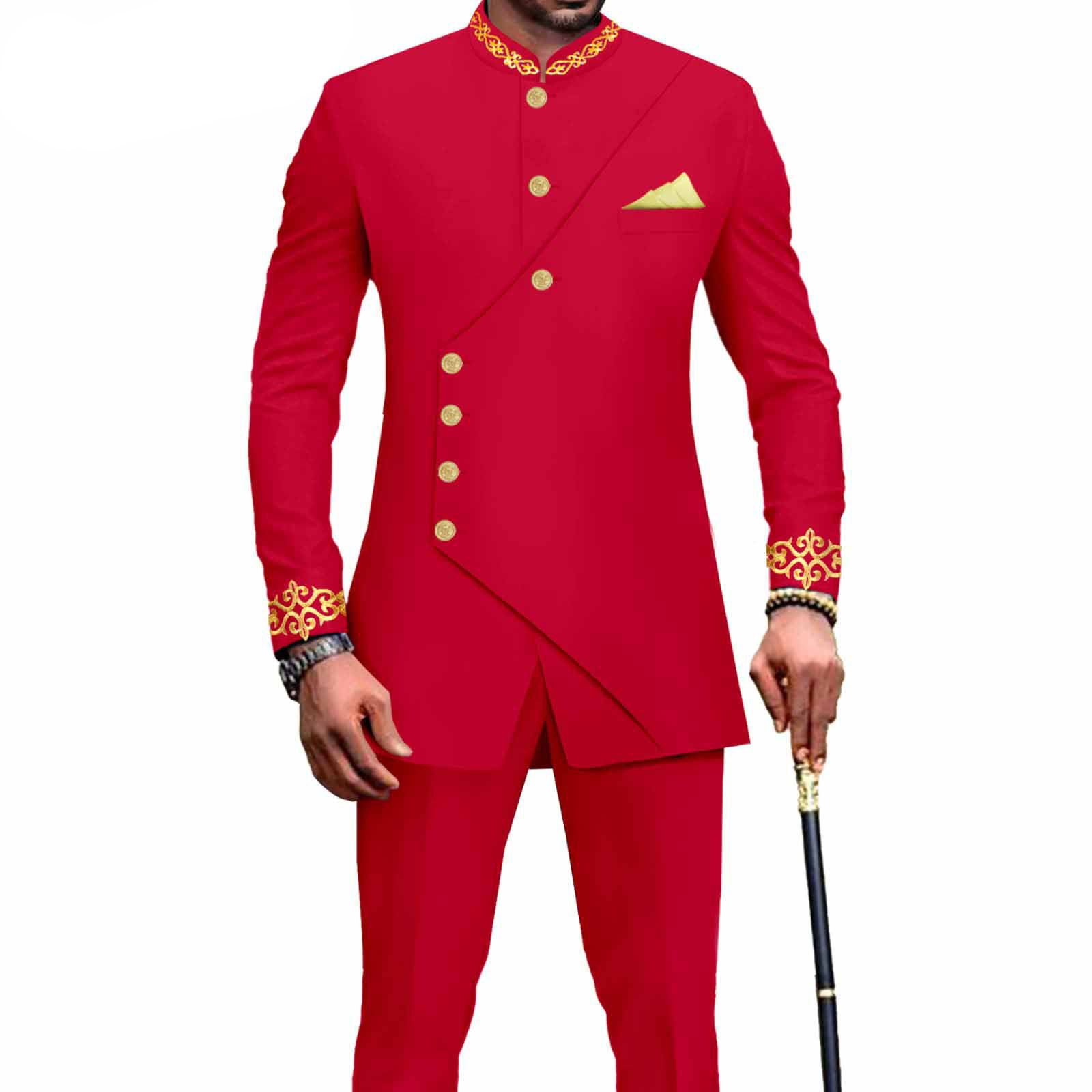 PRIVATE CUSTOM Men`s Business Suit African Clothes Embroidery Full Sleeve Double Breasted Print Blazer and Pants Set