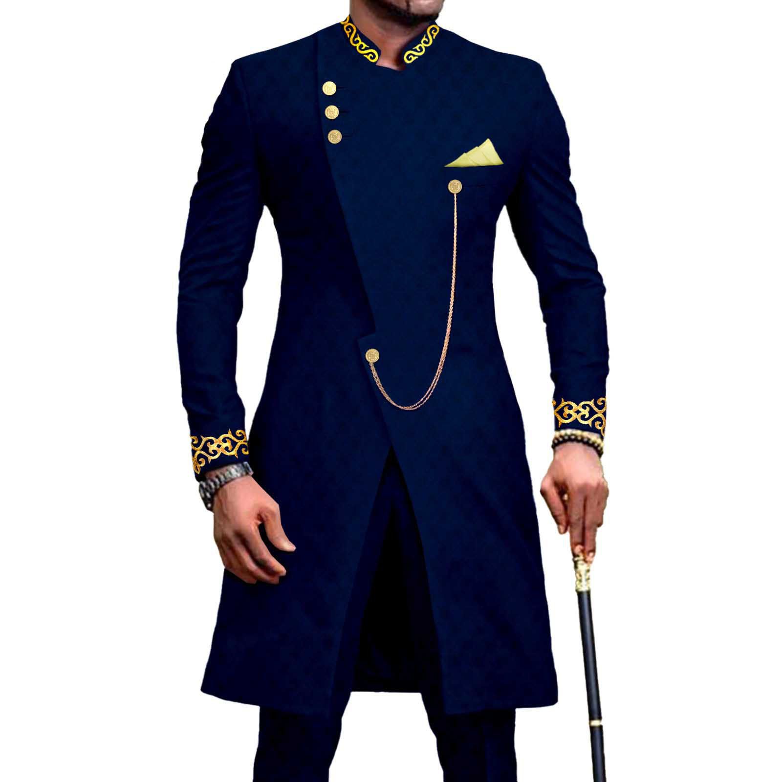 African Suits for Men Dashiki Embroidery Jackets and Pants 2 Piece Set Slim Fit Formal Outfits Wedding
