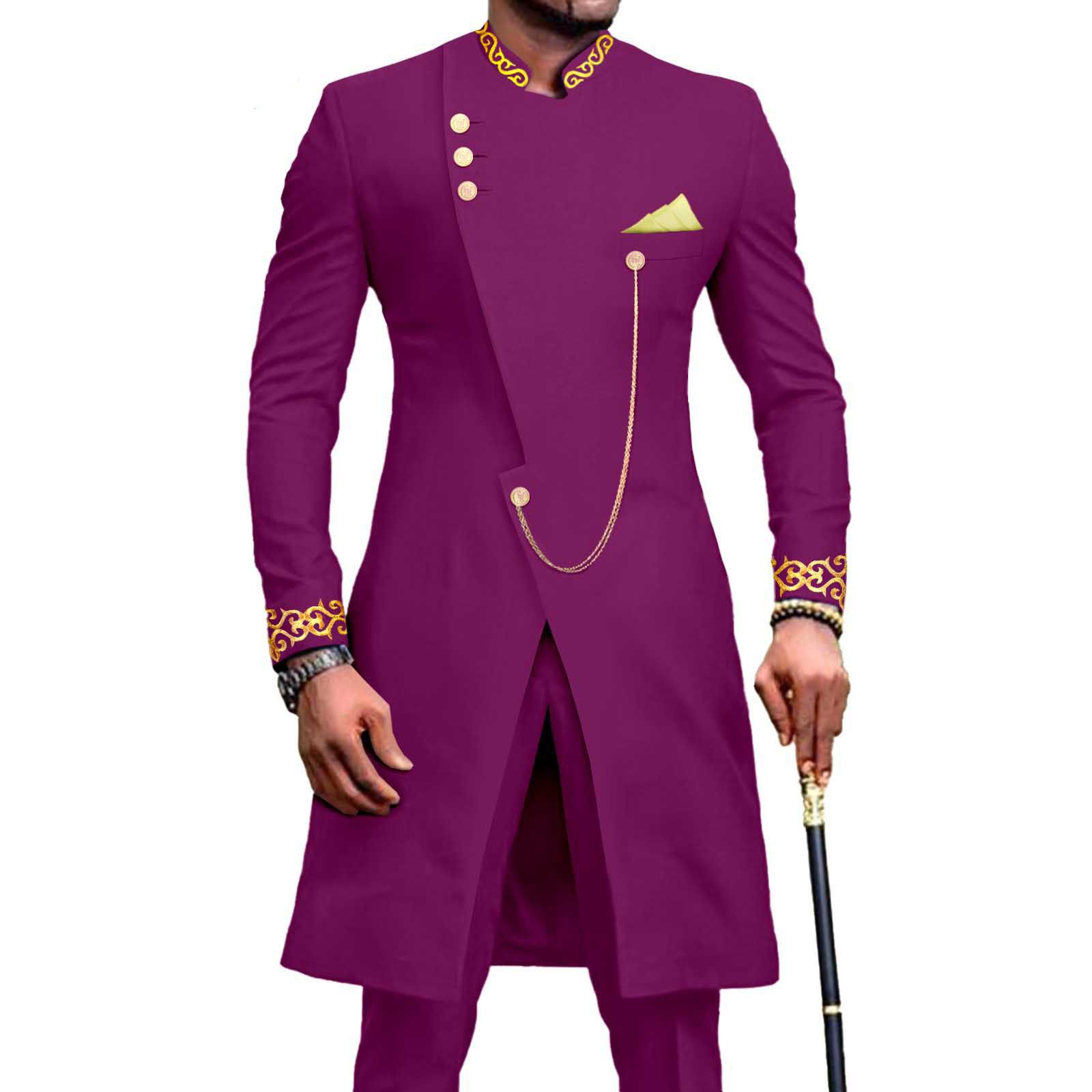 African Suits for Men Dashiki Embroidery Jackets and Pants 2 Piece Set Slim Fit Formal Outfits Wedding