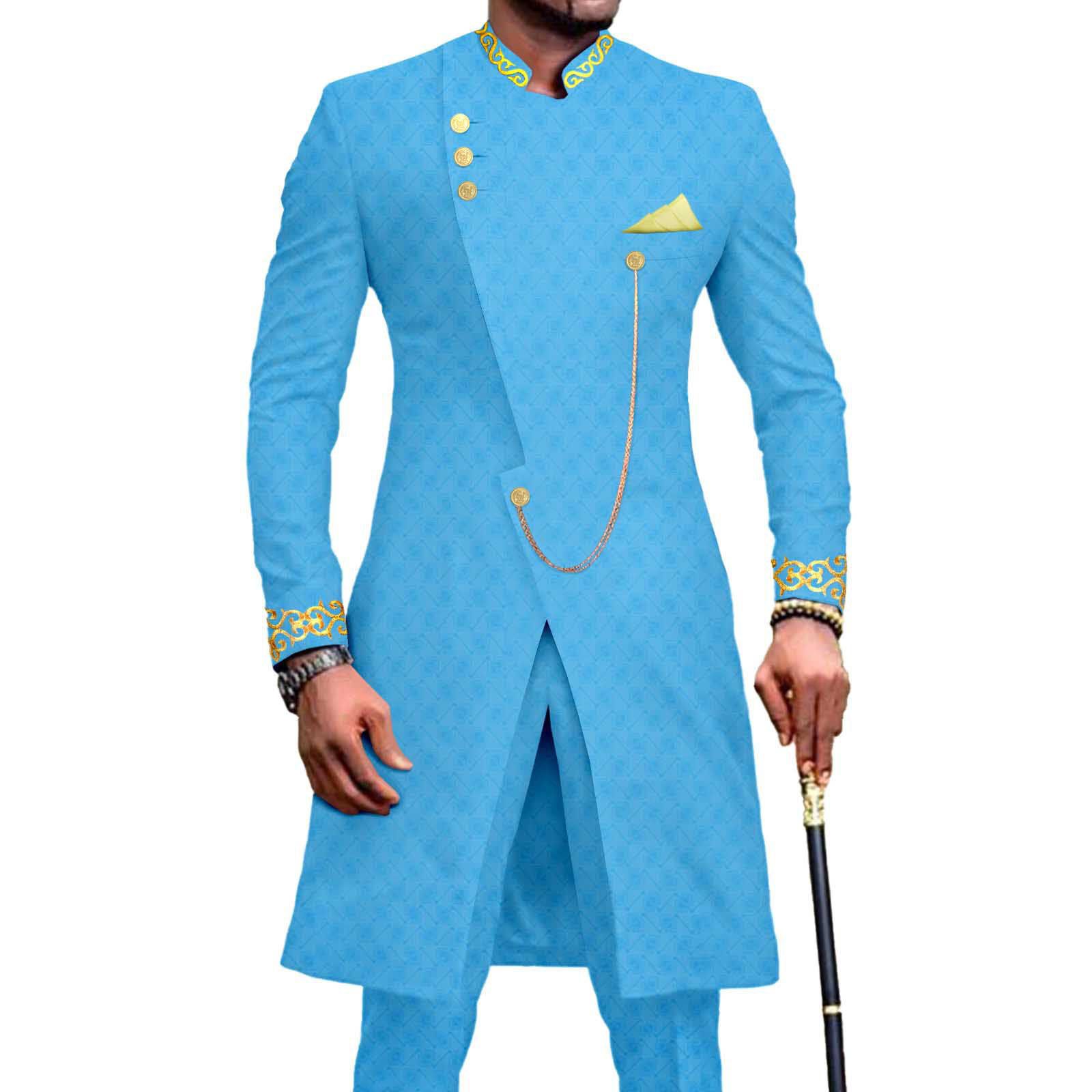 African Suits for Men Dashiki Embroidery Jackets and Pants 2 Piece Set Slim Fit Formal Outfits Wedding