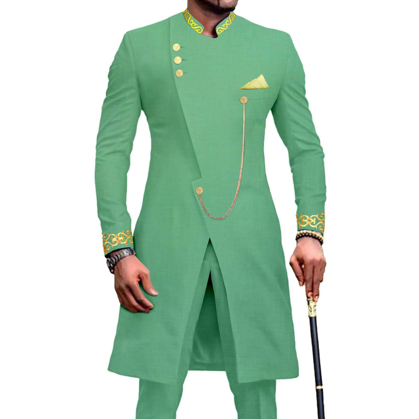 African Suits for Men Dashiki Embroidery Jackets and Pants 2 Piece Set Slim Fit Formal Outfits Wedding