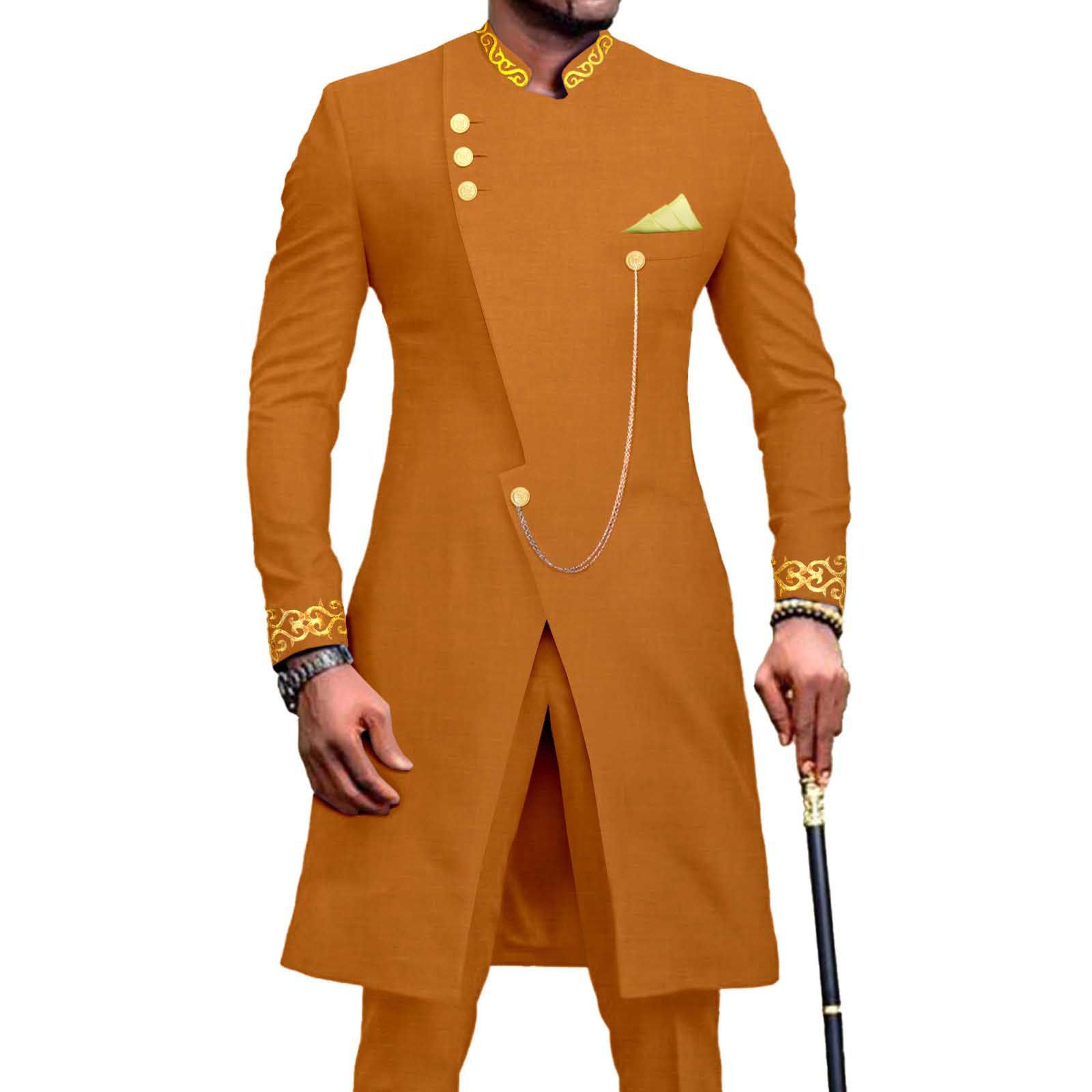 African Suits for Men Dashiki Embroidery Jackets and Pants 2 Piece Set Slim Fit Formal Outfits Wedding