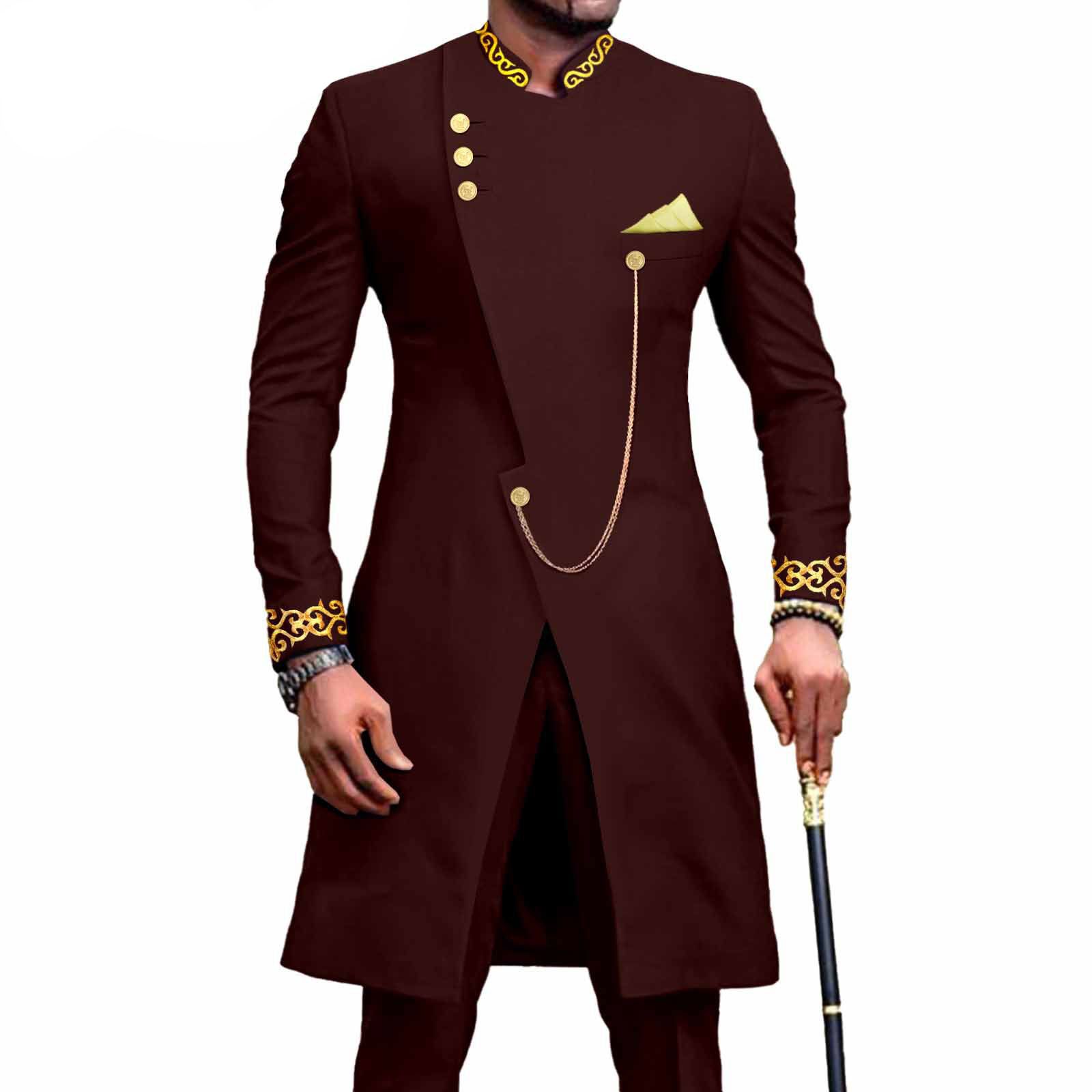 African Suits for Men Dashiki Embroidery Jackets and Pants 2 Piece Set Slim Fit Formal Outfits Wedding