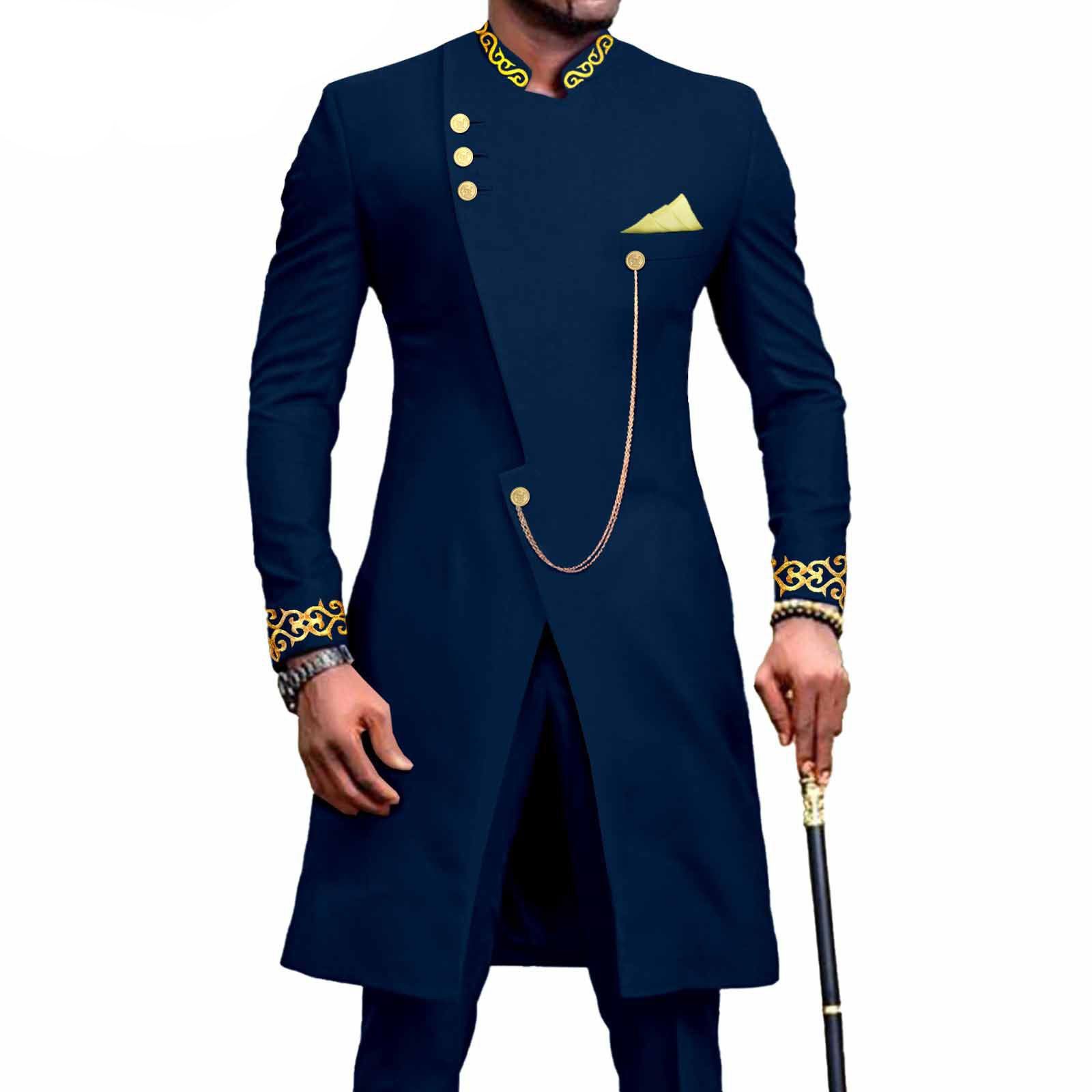 African Suits for Men Dashiki Embroidery Jackets and Pants 2 Piece Set Slim Fit Formal Outfits Wedding