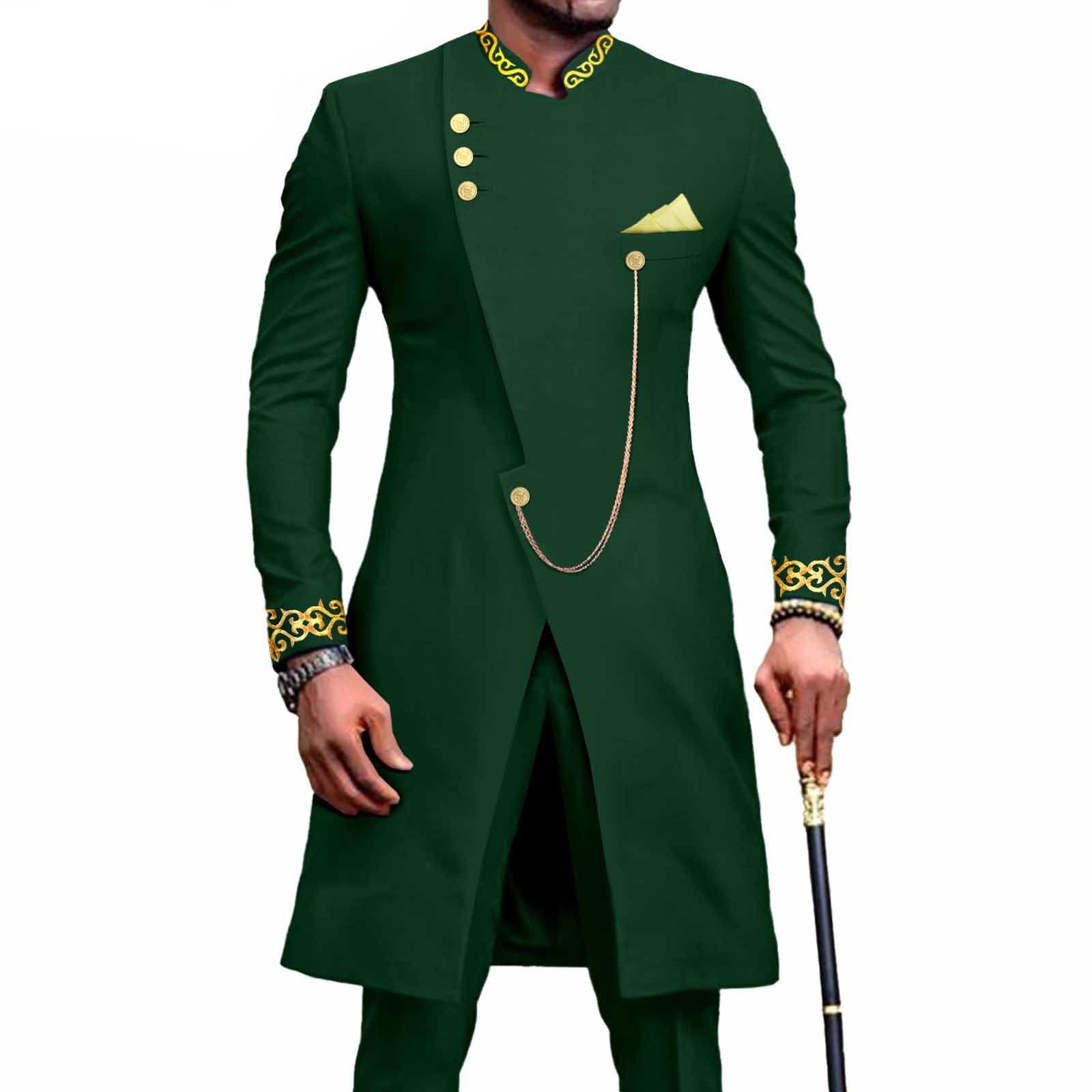 African Suits for Men Dashiki Embroidery Jackets and Pants 2 Piece Set Slim Fit Formal Outfits Wedding