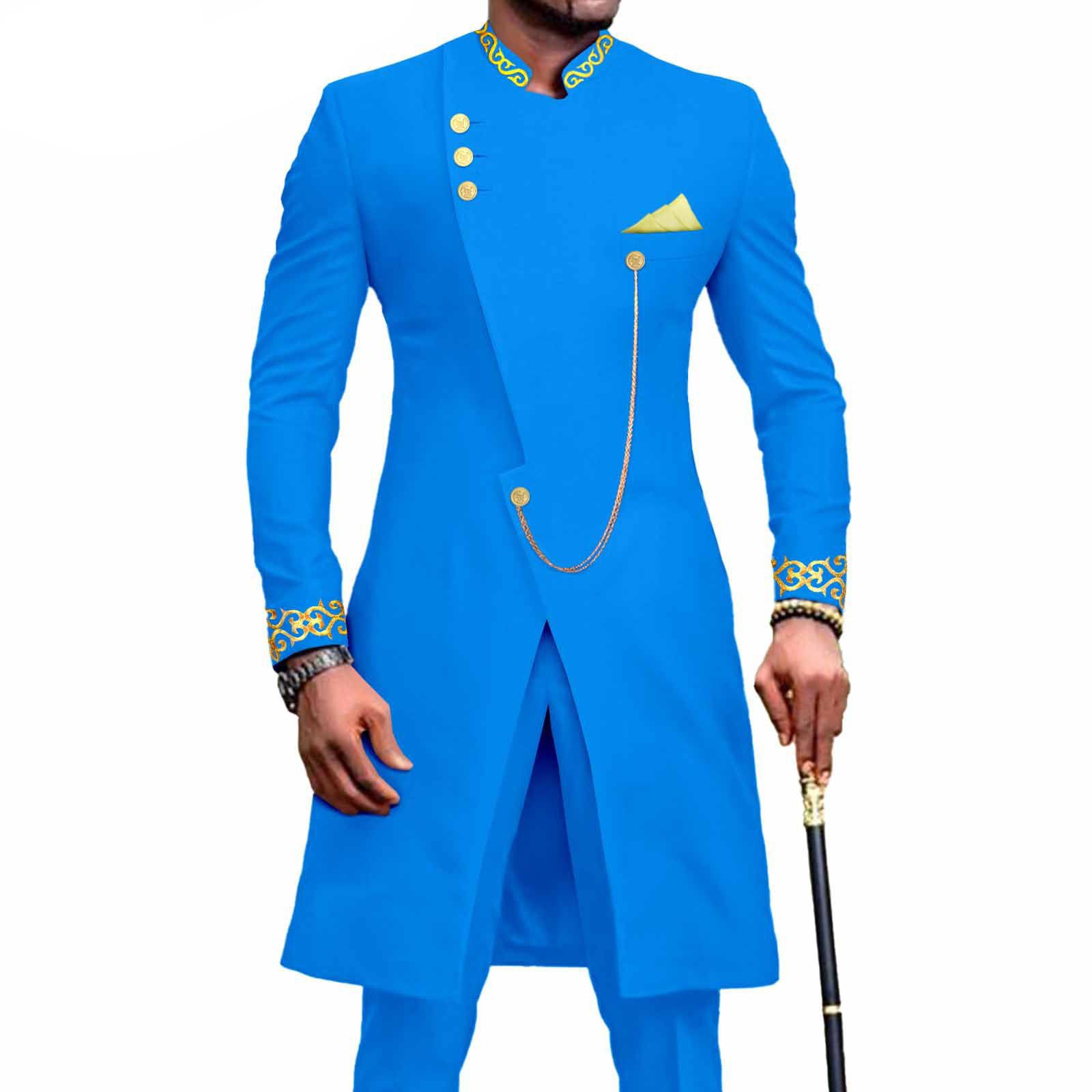 African Suits for Men Dashiki Embroidery Jackets and Pants 2 Piece Set Slim Fit Formal Outfits Wedding