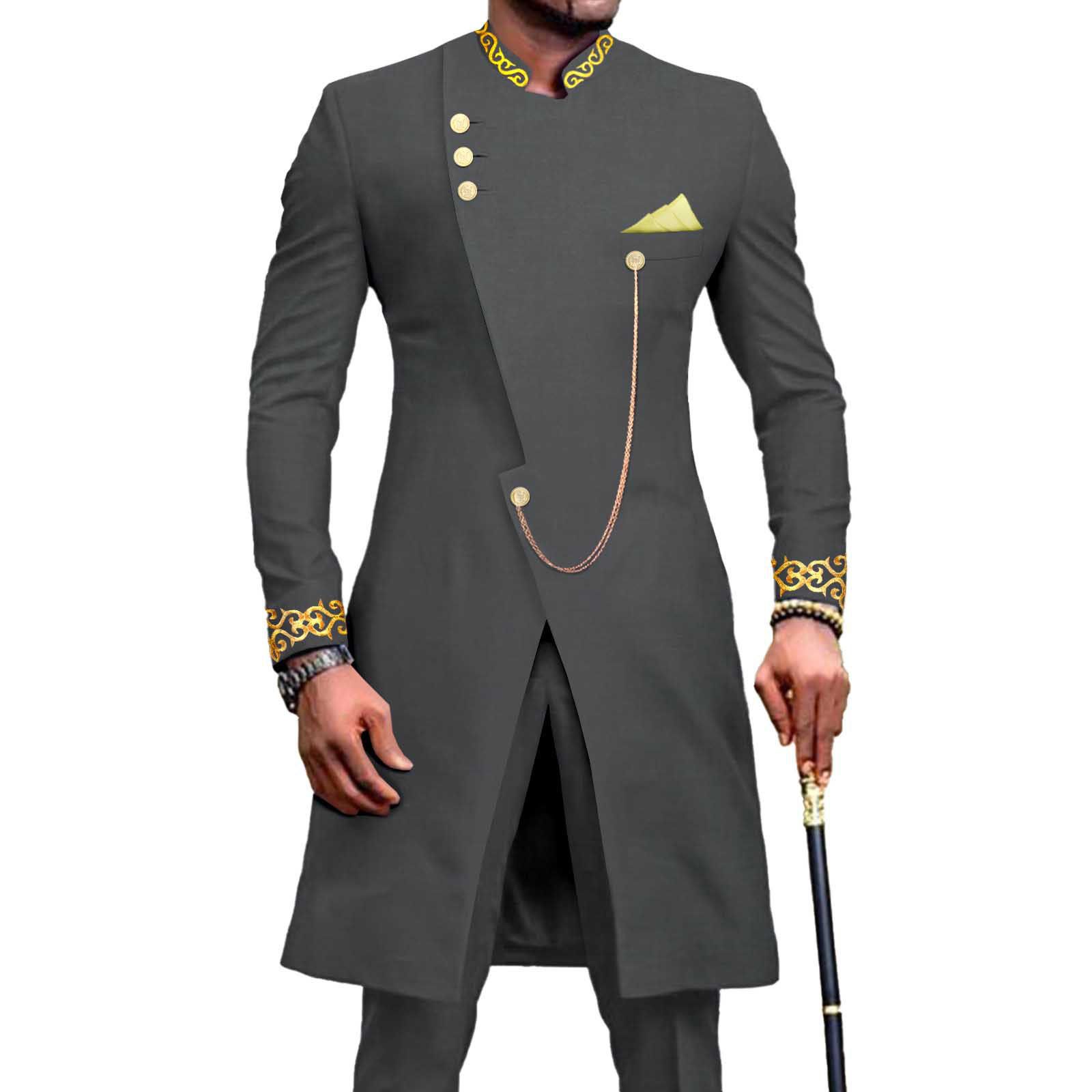 African Suits for Men Dashiki Embroidery Jackets and Pants 2 Piece Set Slim Fit Formal Outfits Wedding