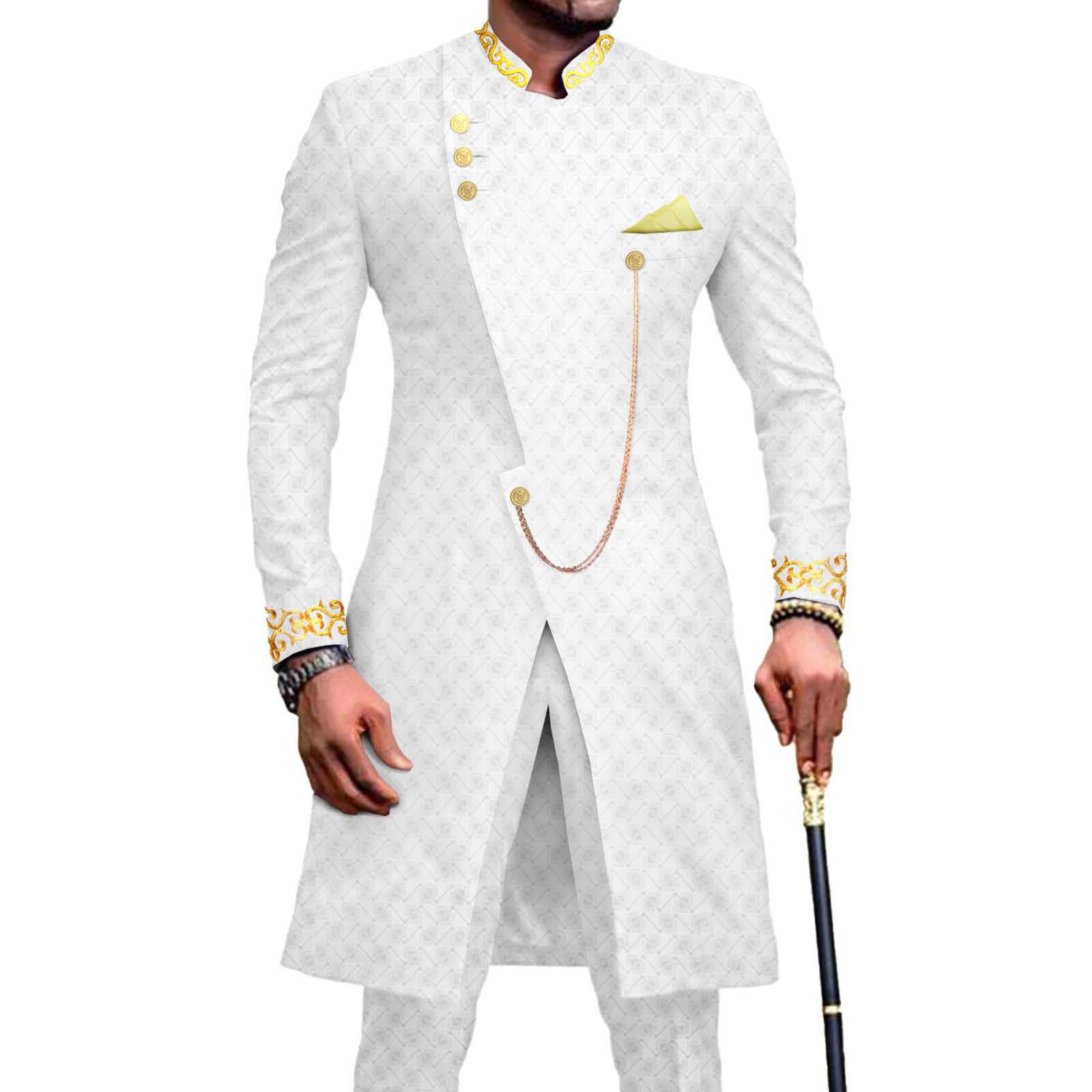 African Suits for Men Dashiki Embroidery Jackets and Pants 2 Piece Set Slim Fit Formal Outfits Wedding