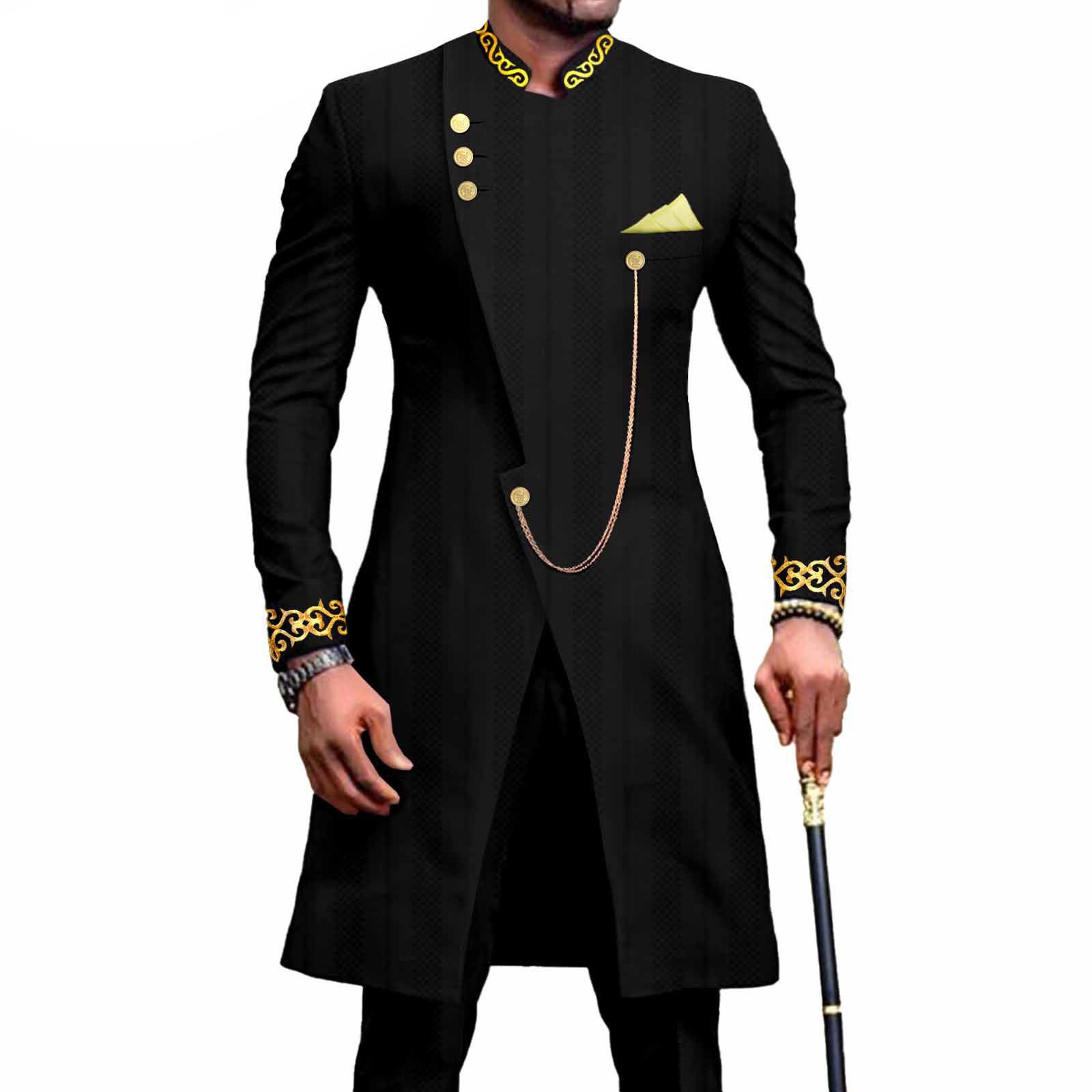 African Suits for Men Dashiki Embroidery Jackets and Pants 2 Piece Set Slim Fit Formal Outfits Wedding