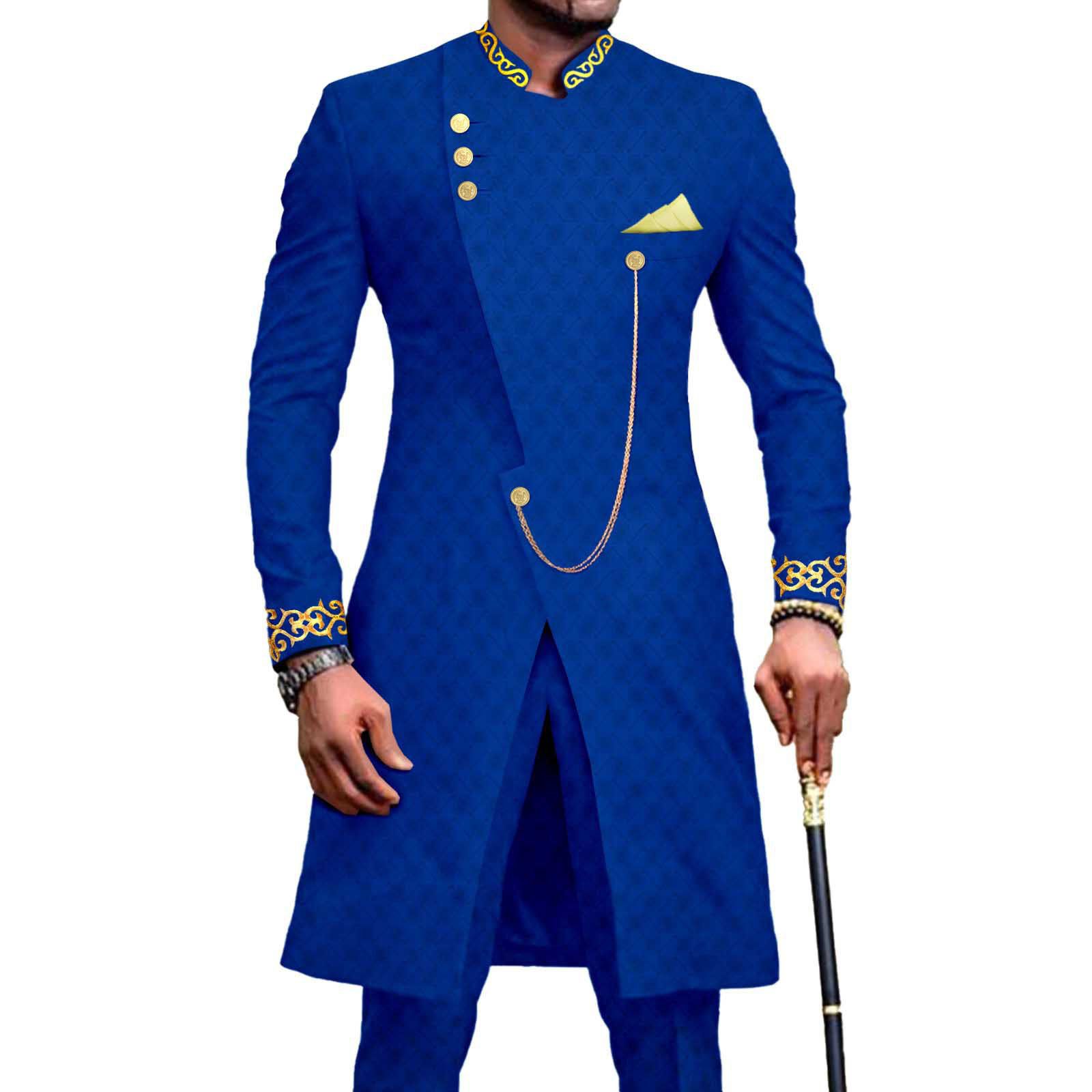 African Suits for Men Dashiki Embroidery Jackets and Pants 2 Piece Set Slim Fit Formal Outfits Wedding