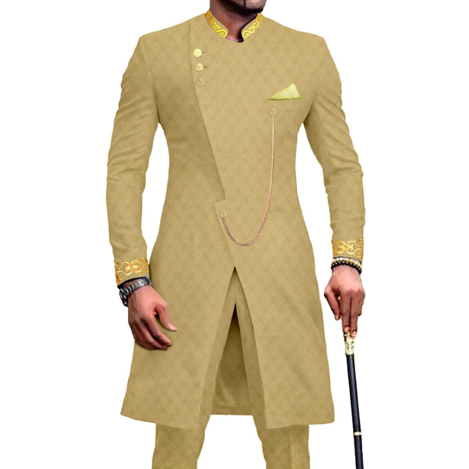 African Suits for Men Dashiki Embroidery Jackets and Pants 2 Piece Set Slim Fit Formal Outfits Wedding