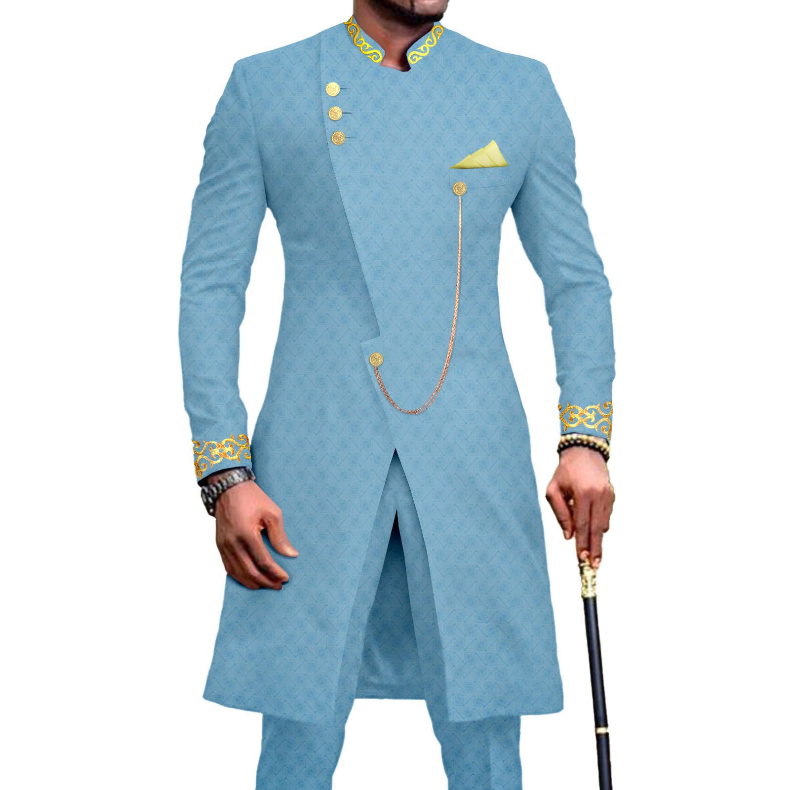 African Suits for Men Dashiki Embroidery Jackets and Pants 2 Piece Set Slim Fit Formal Outfits Wedding