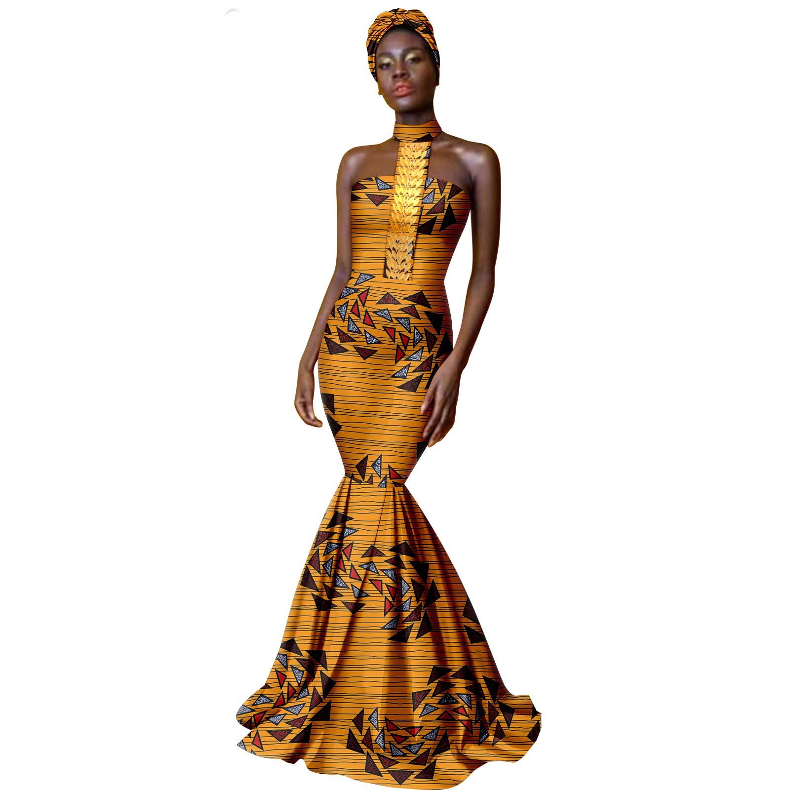 African Dresses for Women with Head Scarf Dashiki Ankara Traditional Casual Bodycon Mermaid Dress