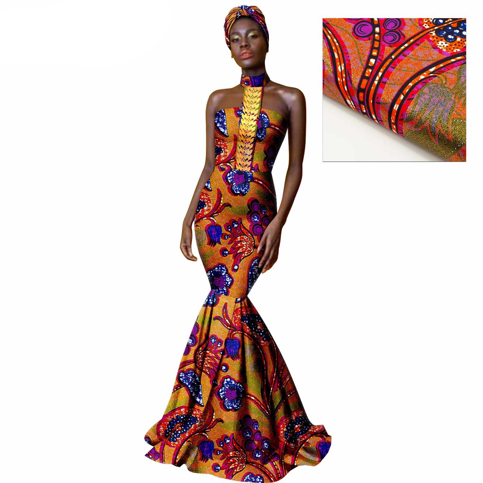 African Dresses for Women with Head Scarf Dashiki Ankara Traditional Casual Bodycon Mermaid Dress
