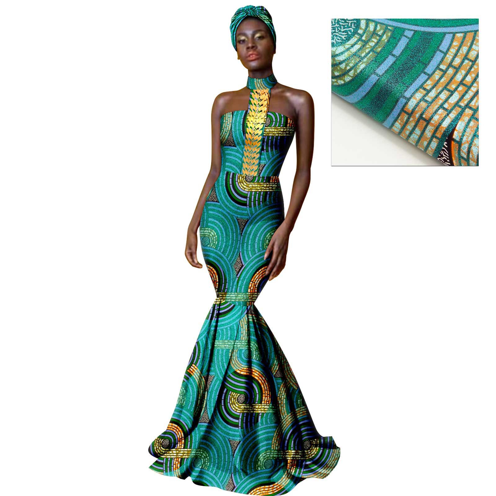 African Dresses for Women with Head Scarf Dashiki Ankara Traditional Casual Bodycon Mermaid Dress