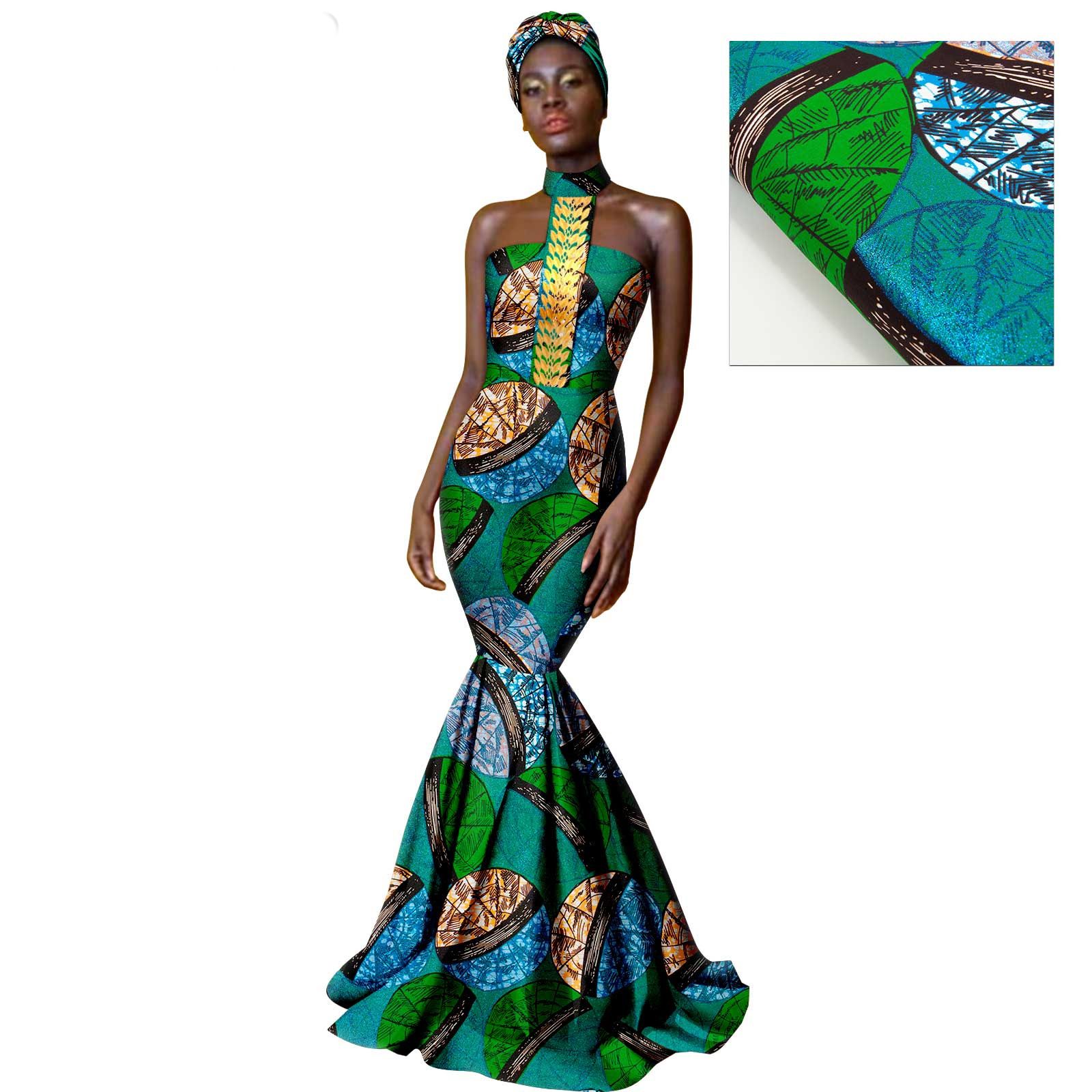African Dresses for Women with Head Scarf Dashiki Ankara Traditional Casual Bodycon Mermaid Dress