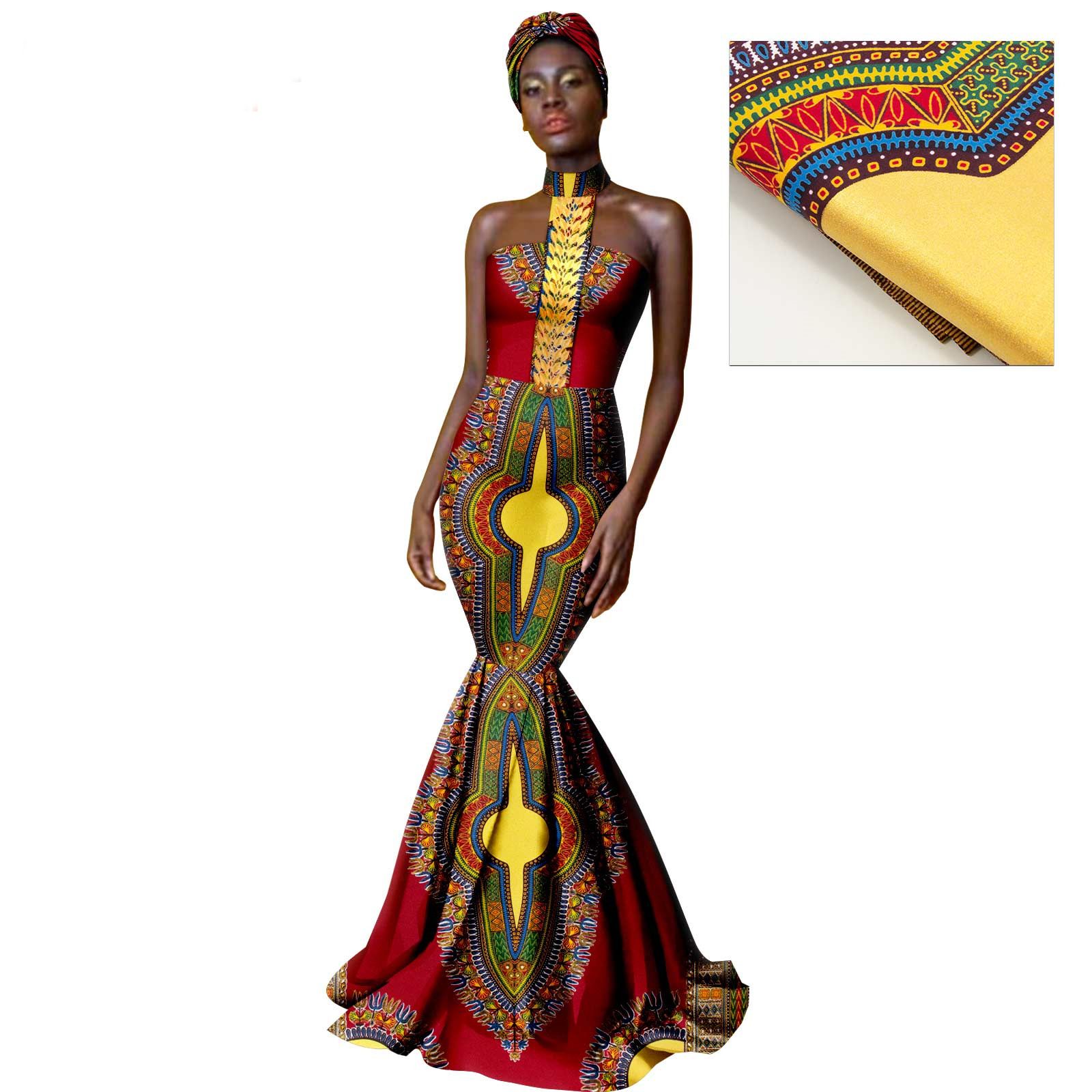 African Dresses for Women with Head Scarf Dashiki Ankara Traditional Casual Bodycon Mermaid Dress