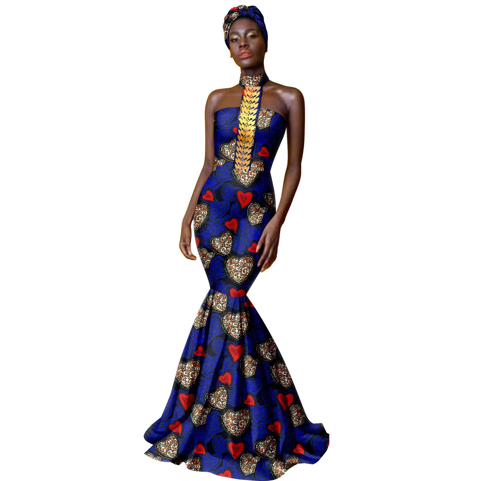 African Dresses for Women with Head Scarf Dashiki Ankara Traditional Casual Bodycon Mermaid Dress