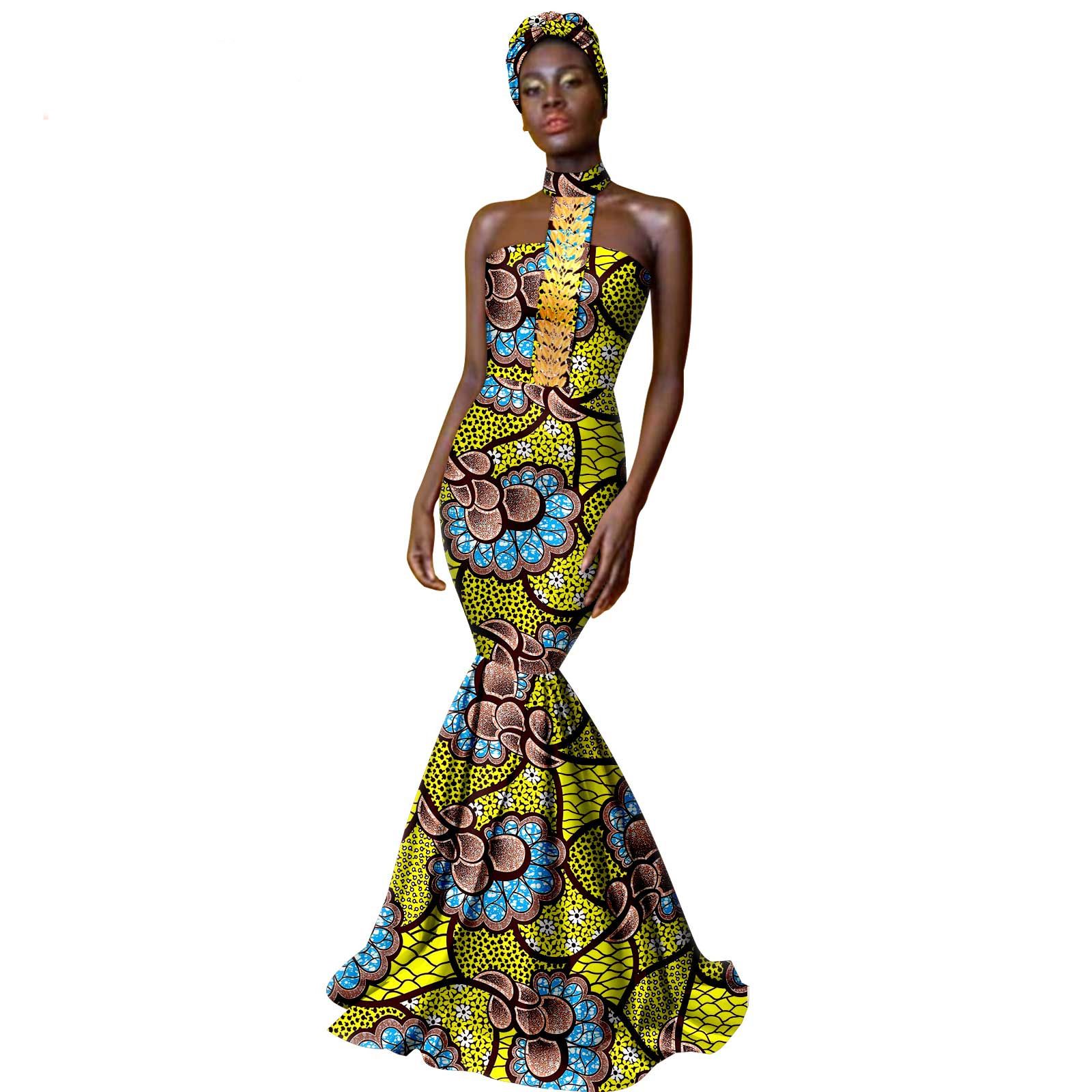African Dresses for Women with Head Scarf Dashiki Ankara Traditional Casual Bodycon Mermaid Dress