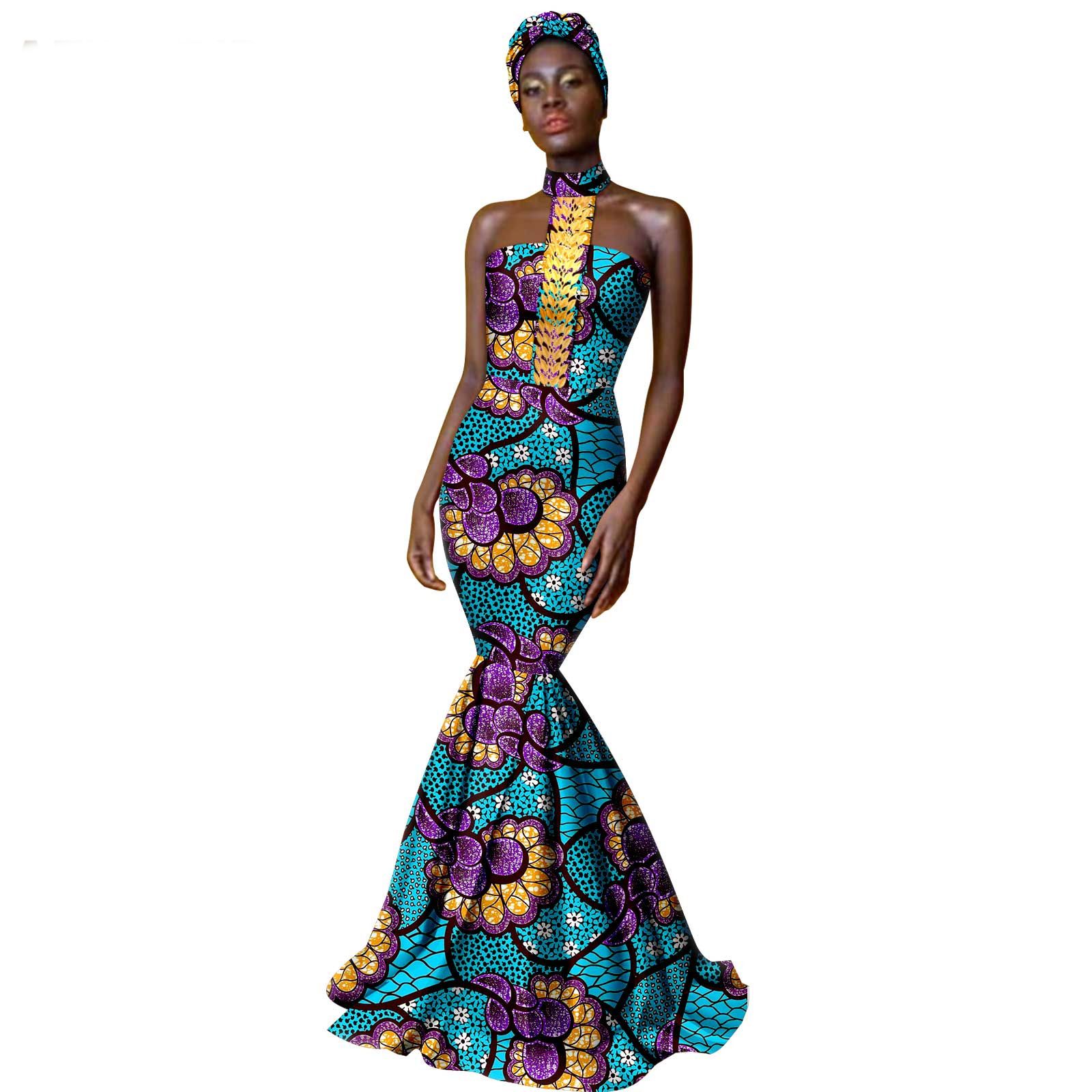 African Dresses for Women with Head Scarf Dashiki Ankara Traditional Casual Bodycon Mermaid Dress
