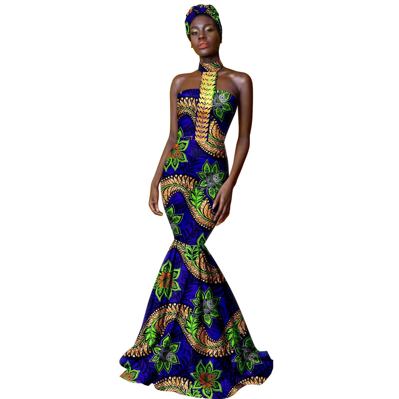 African Dresses for Women with Head Scarf Dashiki Ankara Traditional Casual Bodycon Mermaid Dress