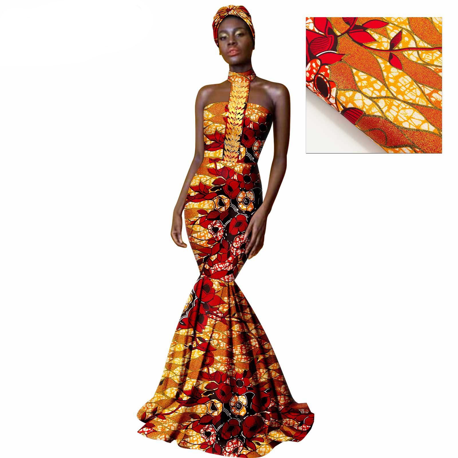 African Dresses for Women with Head Scarf Dashiki Ankara Traditional Casual Bodycon Mermaid Dress