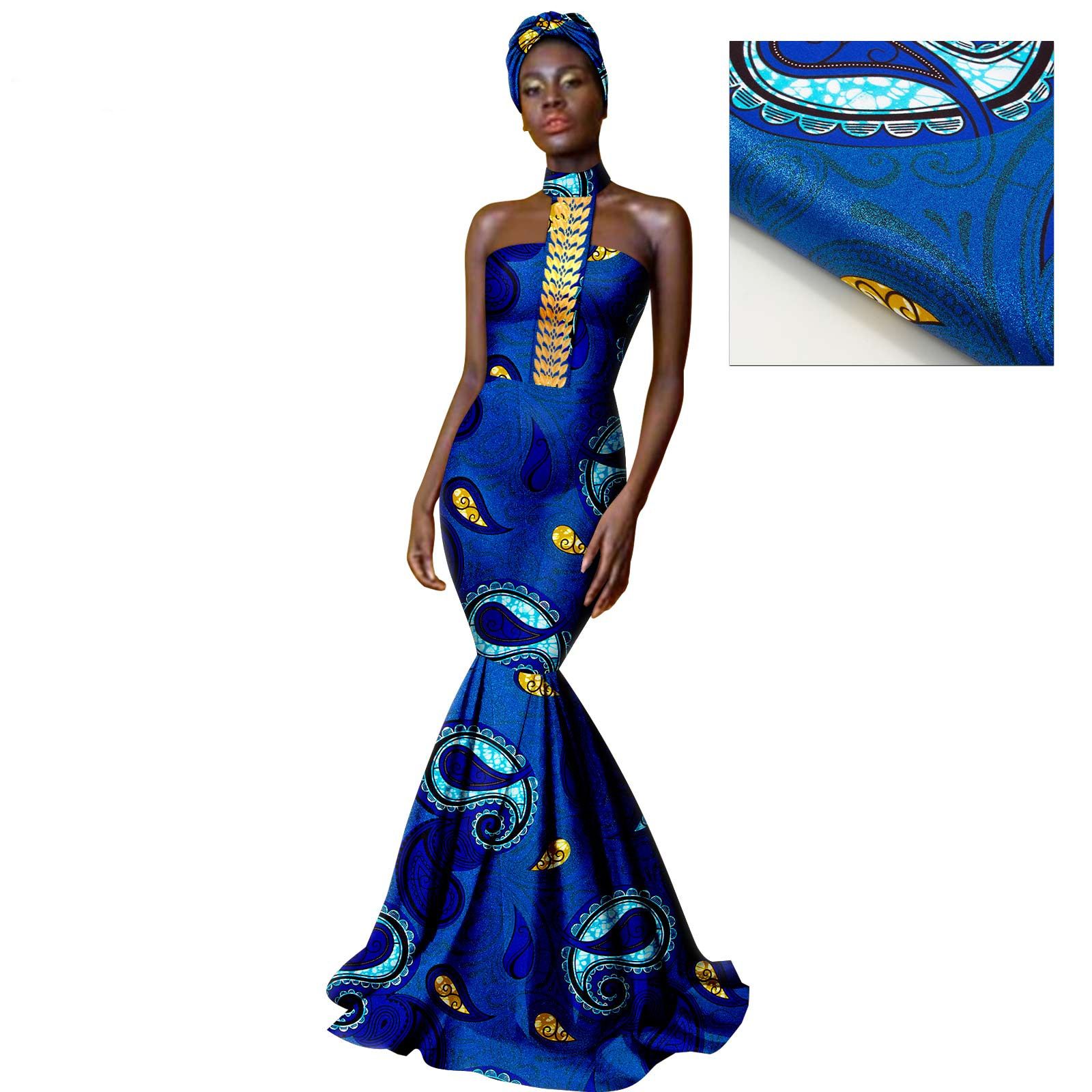 African Dresses for Women with Head Scarf Dashiki Ankara Traditional Casual Bodycon Mermaid Dress