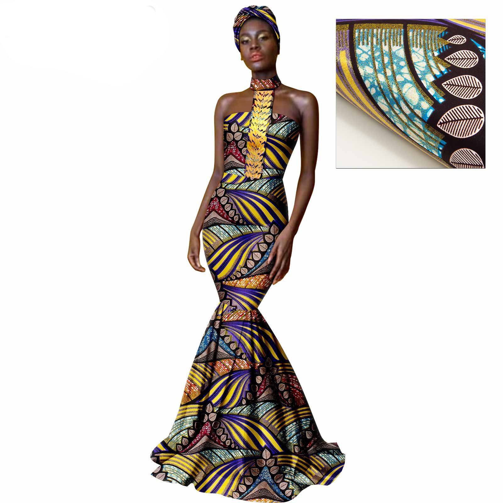 African Dresses for Women with Head Scarf Dashiki Ankara Traditional Casual Bodycon Mermaid Dress