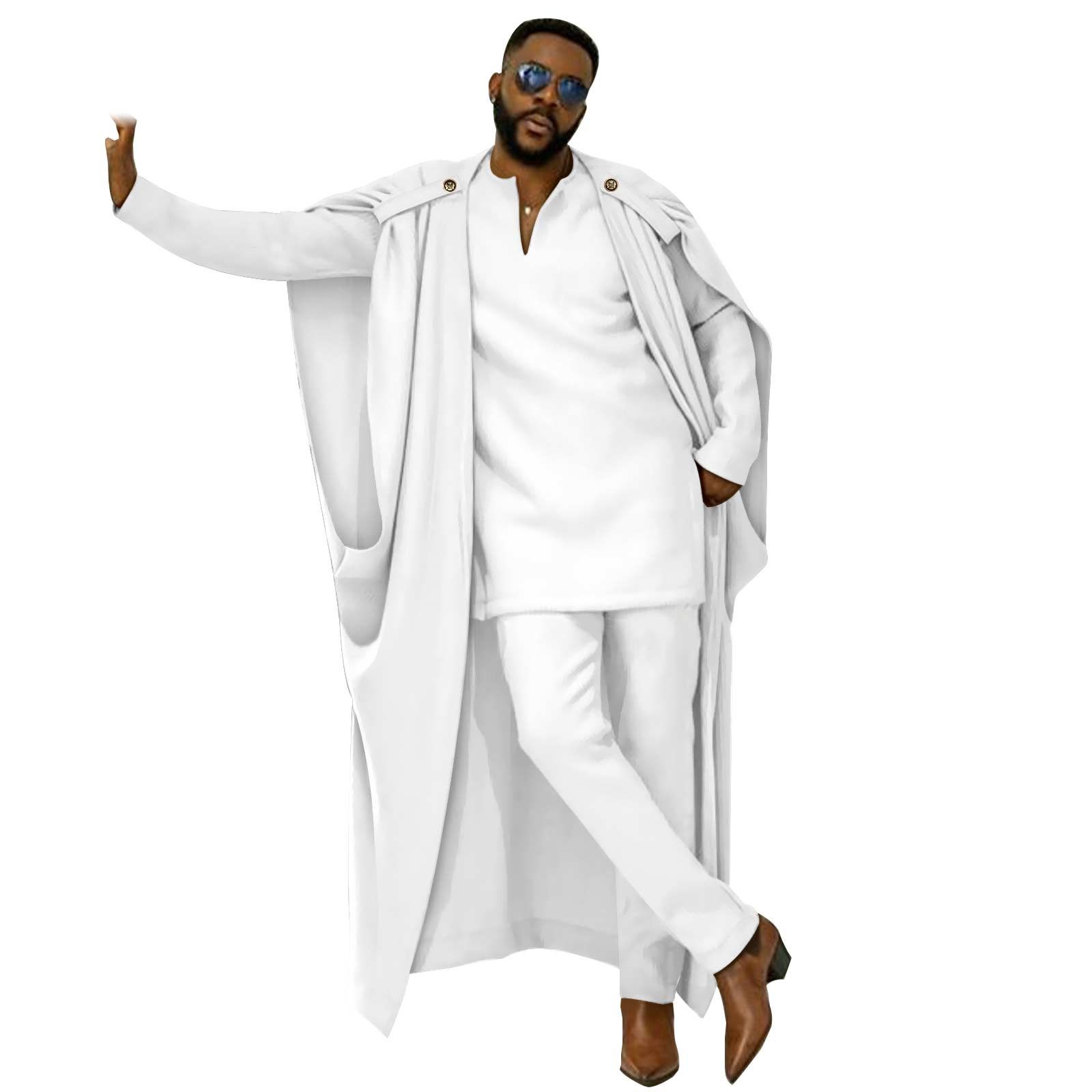 African Clothes for Men Cape V-Neck Full Sleeve Shirts Pants 3 Piece Set Agbada Robe Wedding Evening Outfits