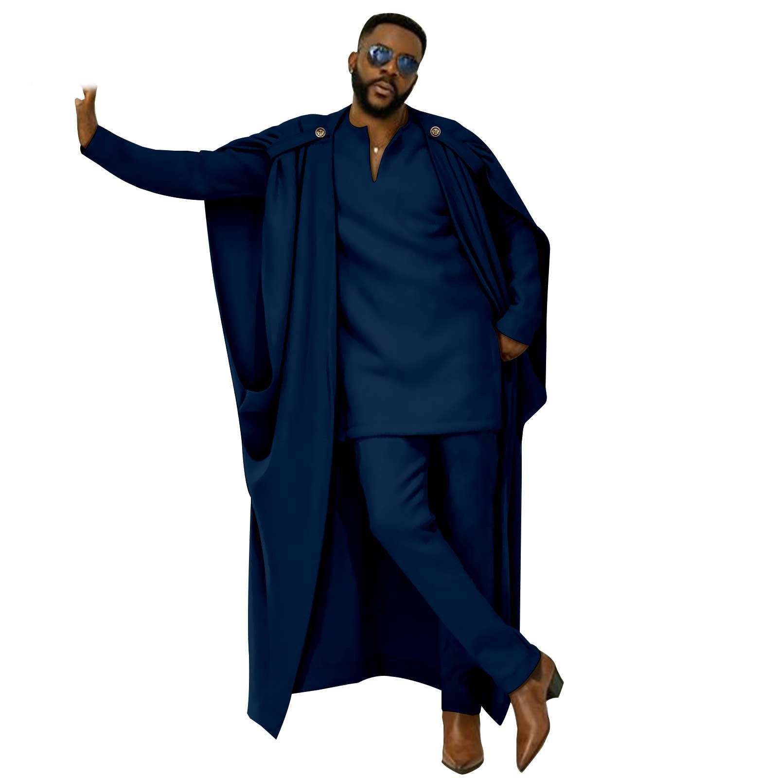 African Clothes for Men Cape V-Neck Full Sleeve Shirts Pants 3 Piece Set Agbada Robe Wedding Evening Outfits