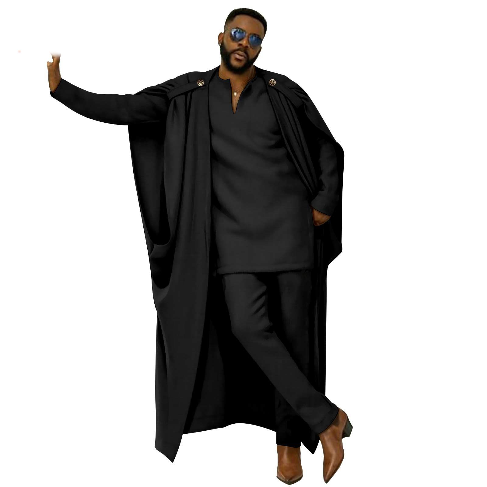 African Clothes for Men Cape V-Neck Full Sleeve Shirts Pants 3 Piece Set Agbada Robe Wedding Evening Outfits
