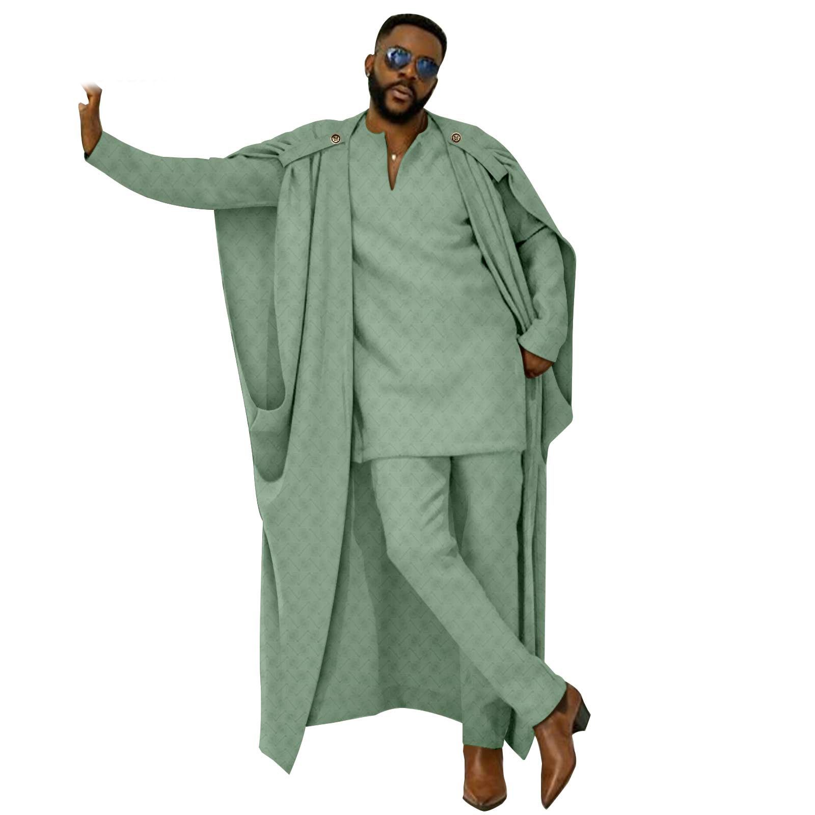 African Clothes for Men Cape V-Neck Full Sleeve Shirts Pants 3 Piece Set Agbada Robe Wedding Evening Outfits