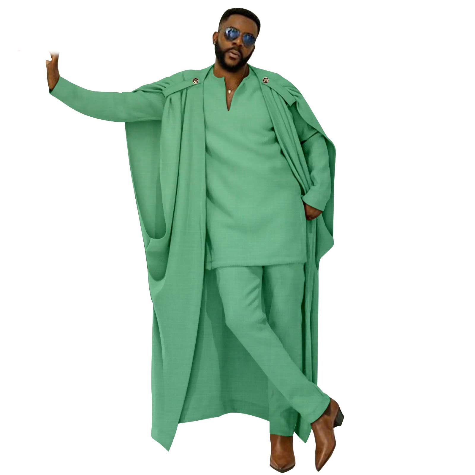 African Clothes for Men Cape V-Neck Full Sleeve Shirts Pants 3 Piece Set Agbada Robe Wedding Evening Outfits