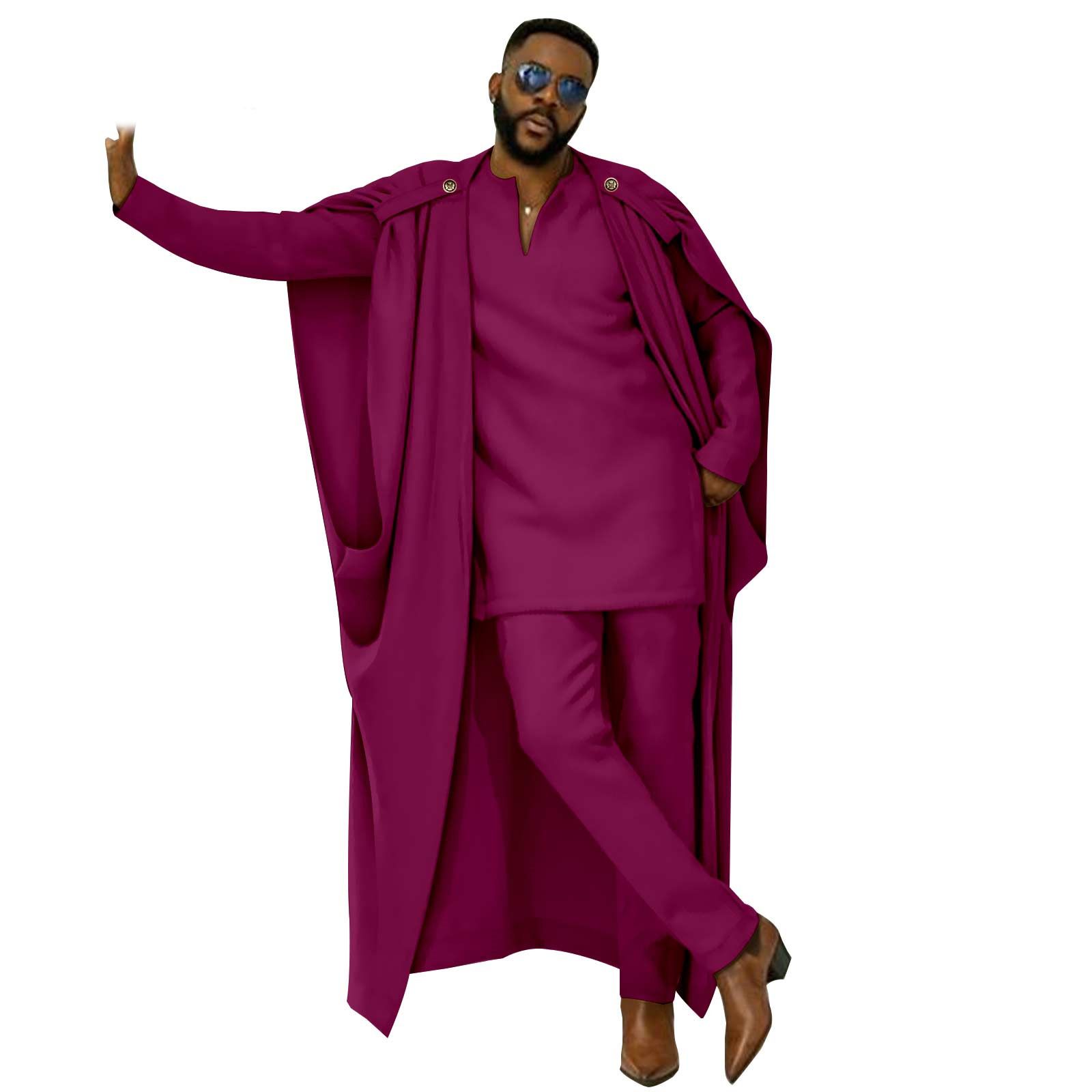 African Clothes for Men Cape V-Neck Full Sleeve Shirts Pants 3 Piece Set Agbada Robe Wedding Evening Outfits