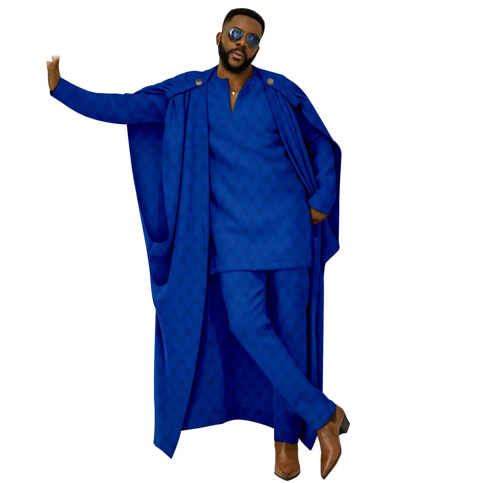 African Clothes for Men Cape V-Neck Full Sleeve Shirts Pants 3 Piece Set Agbada Robe Wedding Evening Outfits
