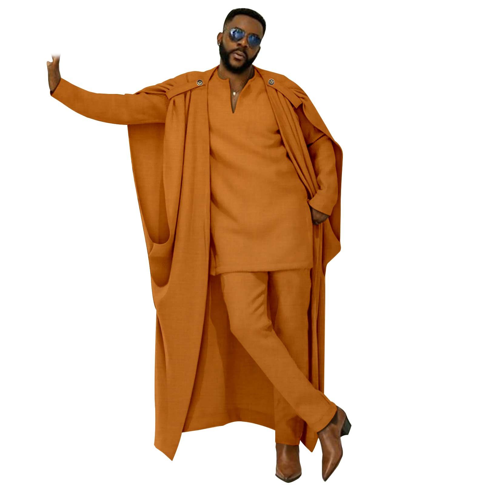 African Clothes for Men Cape V-Neck Full Sleeve Shirts Pants 3 Piece Set Agbada Robe Wedding Evening Outfits